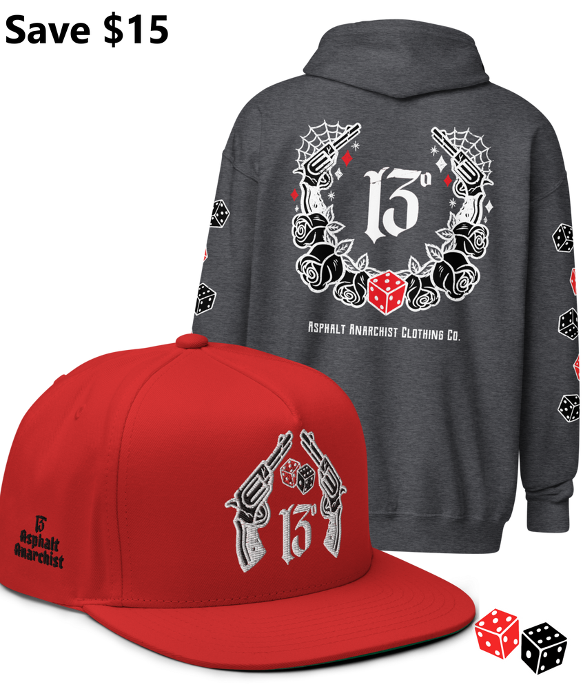 
                  
                    BIG IRON Bundle. Pistols & Dice Design. Dark Heather Gray Heavy Zipper Hoodie & Red Embroidered Snapback Hat from Asphalt Anarchist Clothing Co. OLD SKOOL HOT ROD CLOTHING 
                  
                
