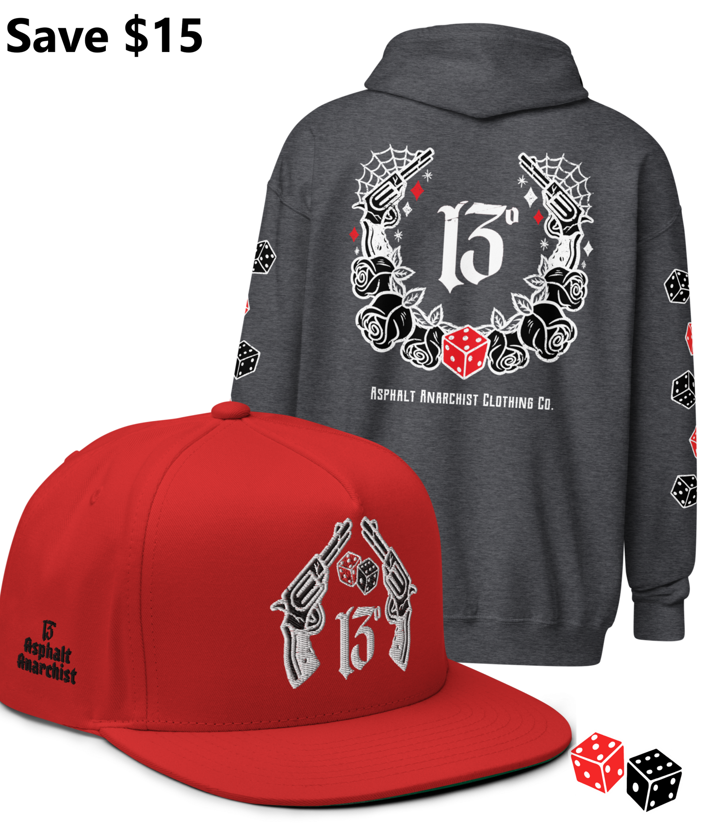 
                  
                    BIG IRON Bundle. Pistols & Dice Design. Dark Heather Gray Heavy Zipper Hoodie & Red Embroidered Snapback Hat from Asphalt Anarchist Clothing Co. OLD SKOOL HOT ROD CLOTHING 
                  
                