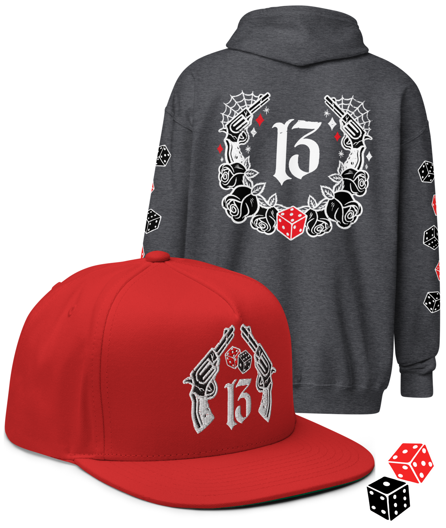 
                  
                    BIG IRON Bundle. Pistols & Dice Design. Black Heavy Zipper Hoodie & Black & Gray Embroidered Snapback Hat from Asphalt Anarchist Clothing Co. OLD SKOOL HOT ROD CLOTHING 
                  
                