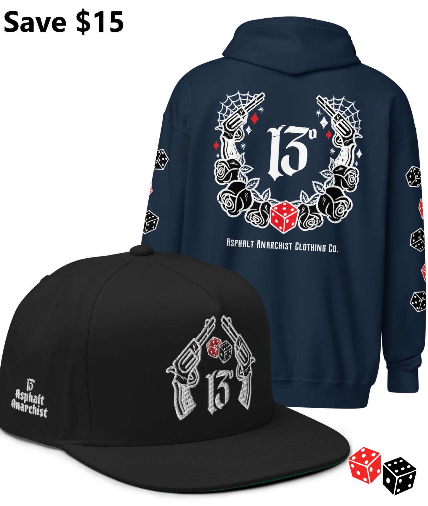 
                  
                    BIG IRON Bundle. Pistols & Dice Design. Navy Heavy Zipper Hoodie & Black Embroidered Snapback Hat from Asphalt Anarchist Clothing Co. OLD SKOOL HOT ROD CLOTHING 
                  
                