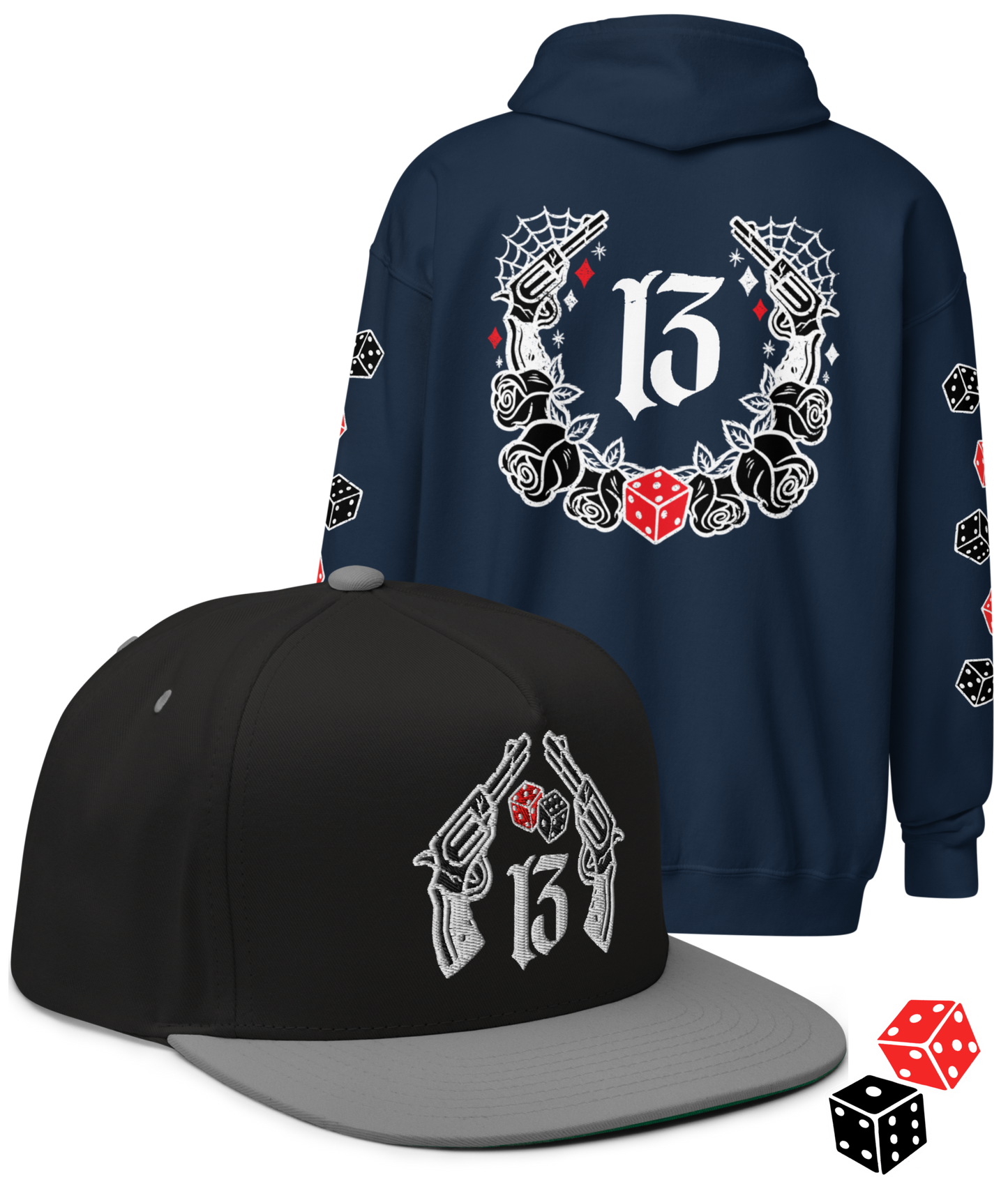 
                  
                    BIG IRON Bundle. Pistols & Dice Design. Black Heavy Zipper Hoodie & Black & Gray Embroidered Snapback Hat from Asphalt Anarchist Clothing Co. OLD SKOOL HOT ROD CLOTHING 
                  
                