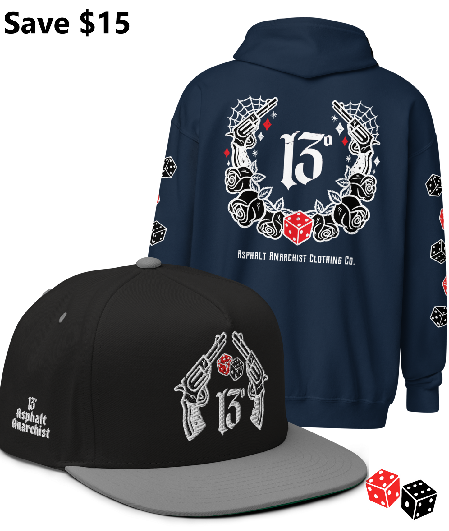 
                  
                    BIG IRON Bundle. Pistols & Dice Design. Navy Heavy Zipper Hoodie & Black & Gray Embroidered Snapback Hat from Asphalt Anarchist Clothing Co. OLD SKOOL HOT ROD CLOTHING 
                  
                
