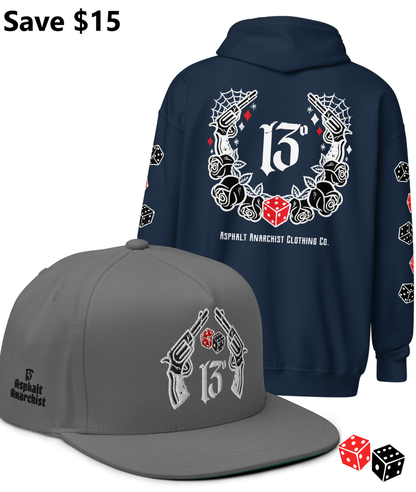 
                  
                    BIG IRON Bundle. Pistols & Dice Design. Navy Heavy Zipper Hoodie & Gray Embroidered Snapback Hat from Asphalt Anarchist Clothing Co. OLD SKOOL HOT ROD CLOTHING 
                  
                