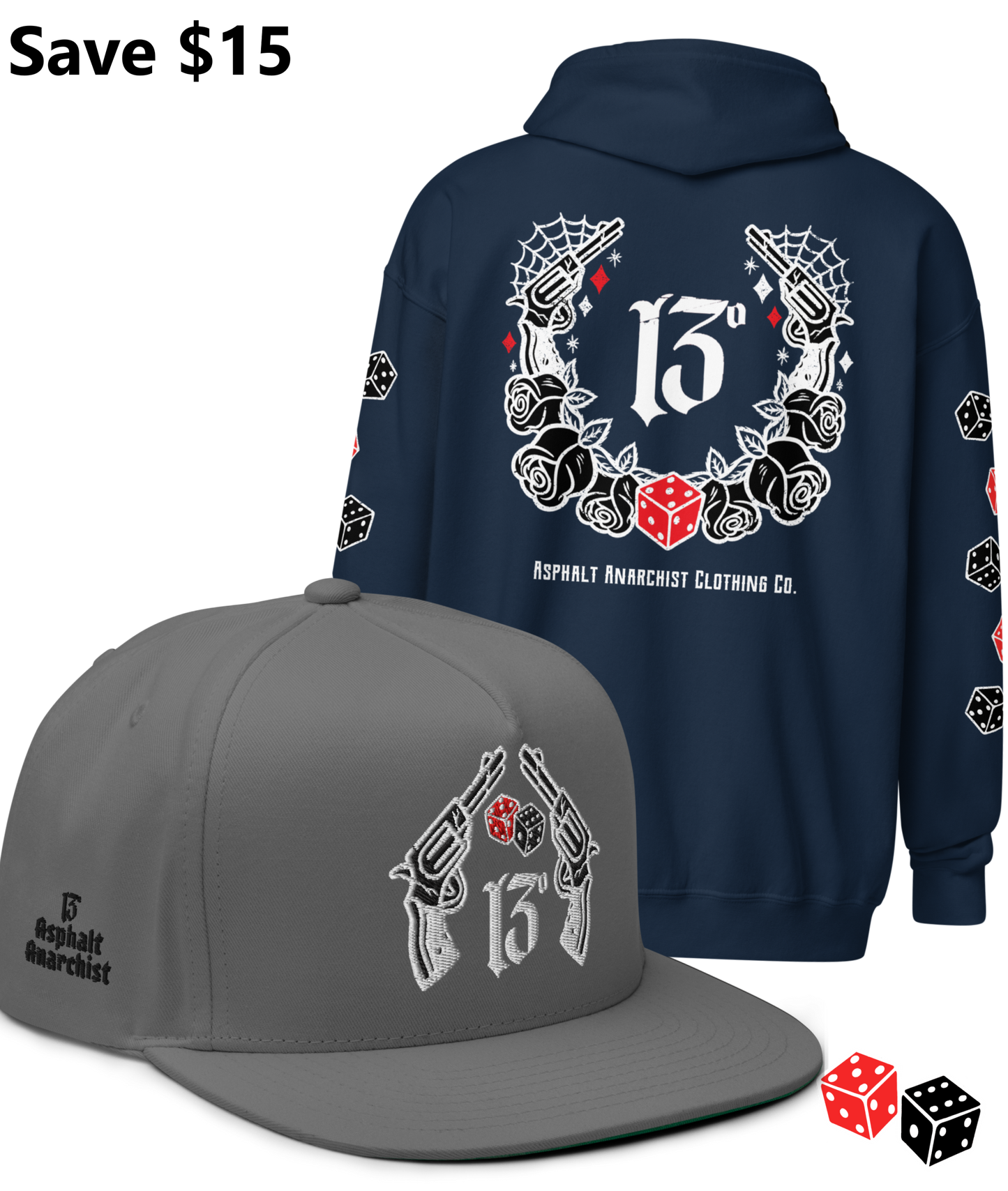 
                  
                    BIG IRON Bundle. Pistols & Dice Design. Navy Heavy Zipper Hoodie & Gray Embroidered Snapback Hat from Asphalt Anarchist Clothing Co. OLD SKOOL HOT ROD CLOTHING 
                  
                