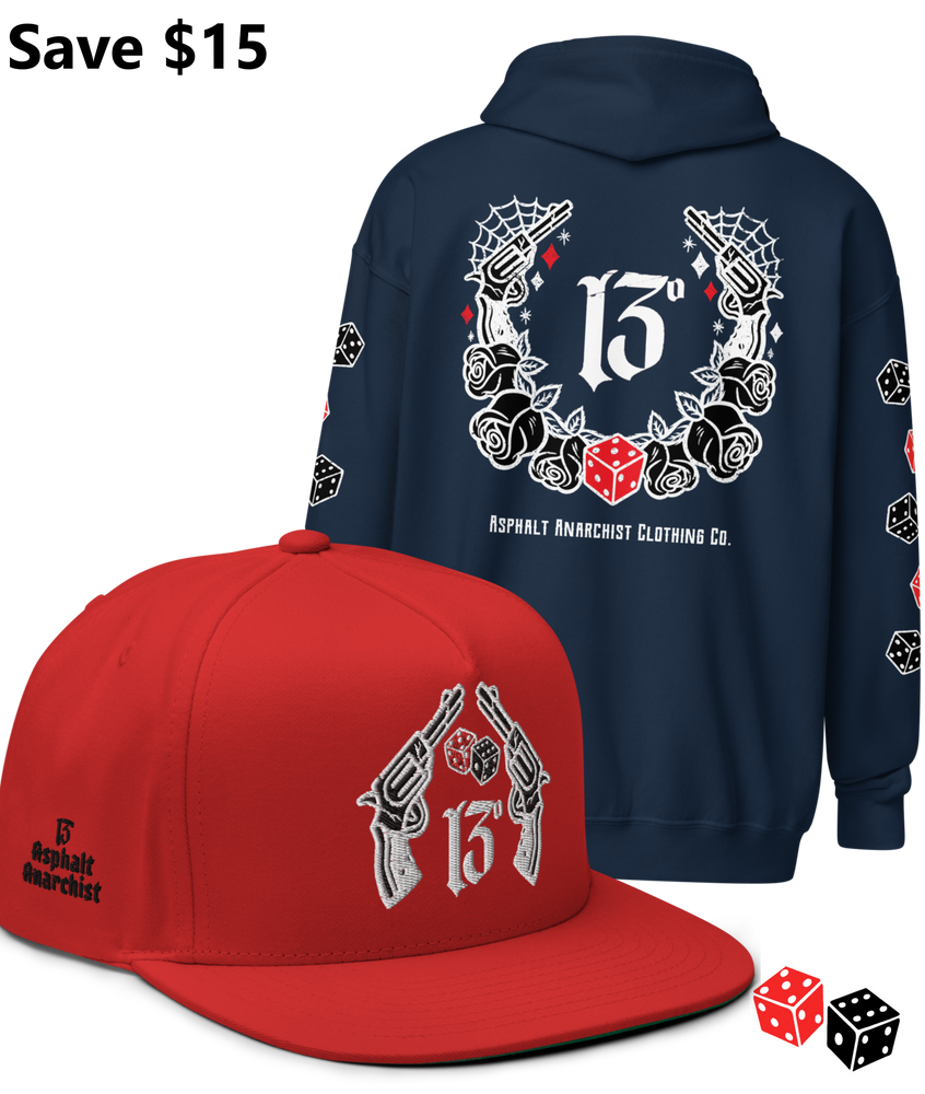 
                  
                    BIG IRON Bundle. Pistols & Dice Design. Navy Heavy Zipper Hoodie & Red Embroidered Snapback Hat from Asphalt Anarchist Clothing Co. OLD SKOOL HOT ROD CLOTHING 
                  
                