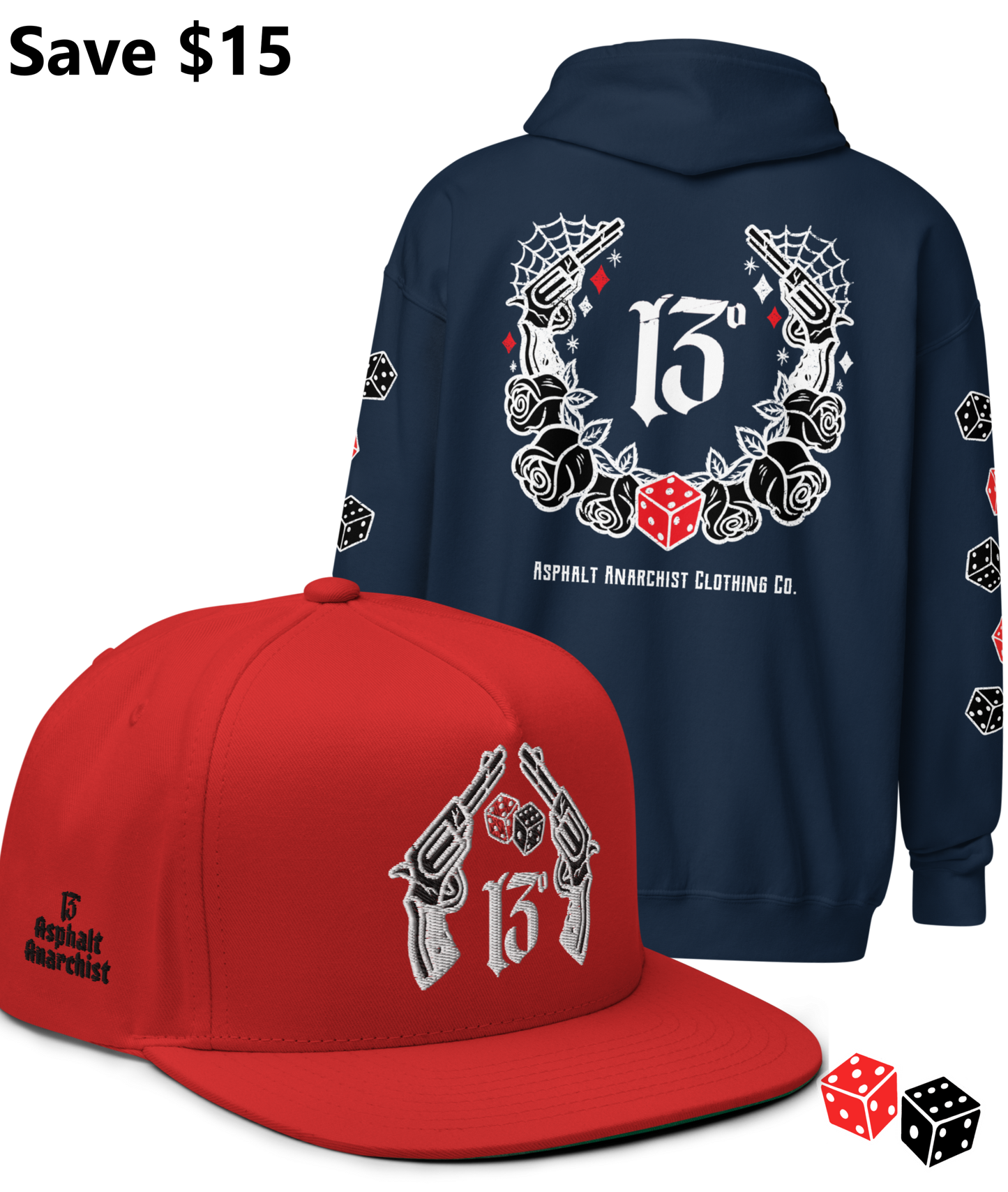 
                  
                    BIG IRON Bundle. Pistols & Dice Design. Navy Heavy Zipper Hoodie & Red Embroidered Snapback Hat from Asphalt Anarchist Clothing Co. OLD SKOOL HOT ROD CLOTHING 
                  
                