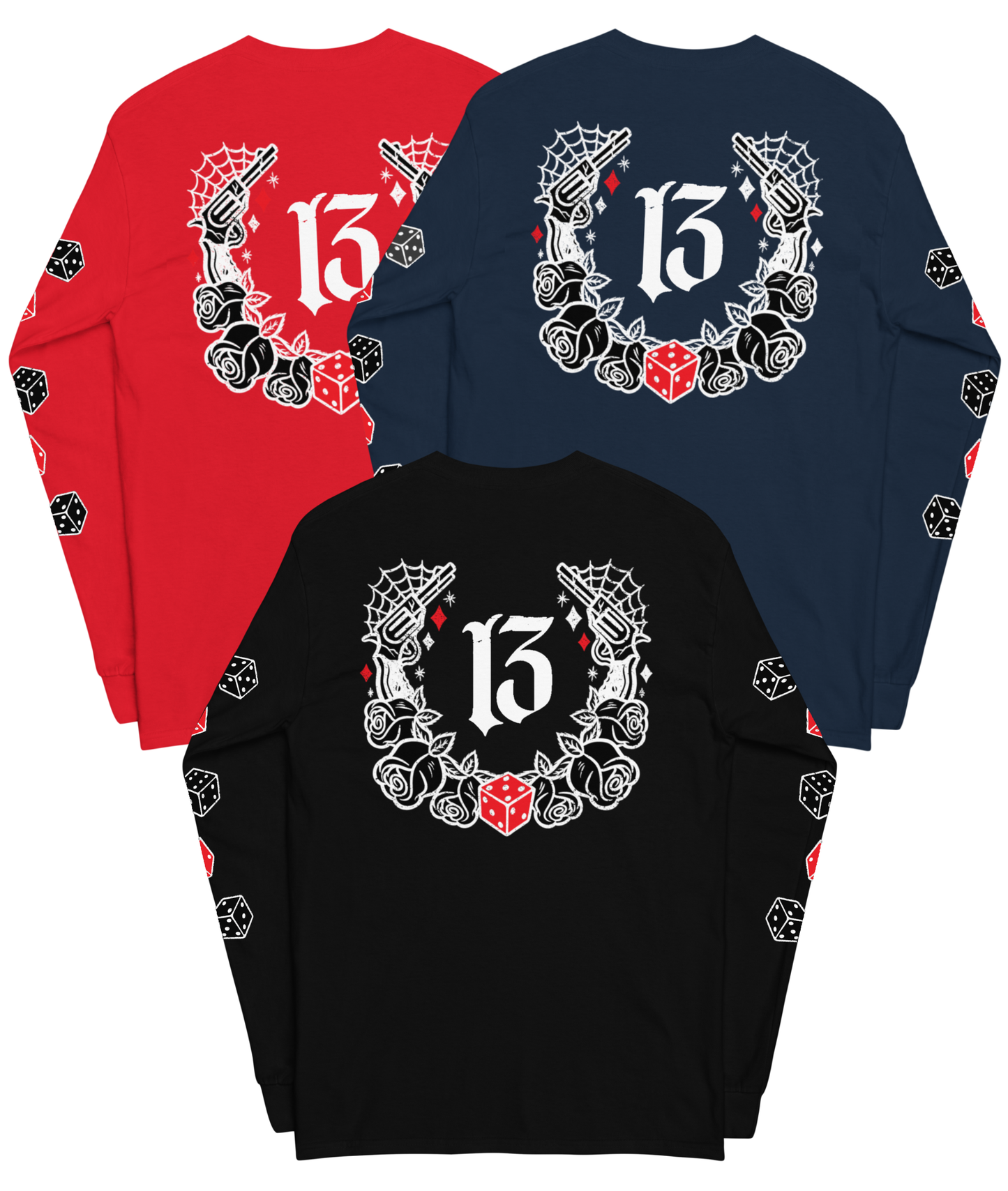 Back view of the Big Iron Long Sleeve Tee in black, navy, or red from Asphalt Anarchist Clothing Co.—classic fit with ribbed cuffs, featuring a full-back outlaw design of pistols, roses, cobwebs, and the number 13. Front chest detail shows dice and sidearms; sleeve graphics display tumblin’ dice in motion. A visual ode to outlaw luck and roadside myth. AI-generated image.
