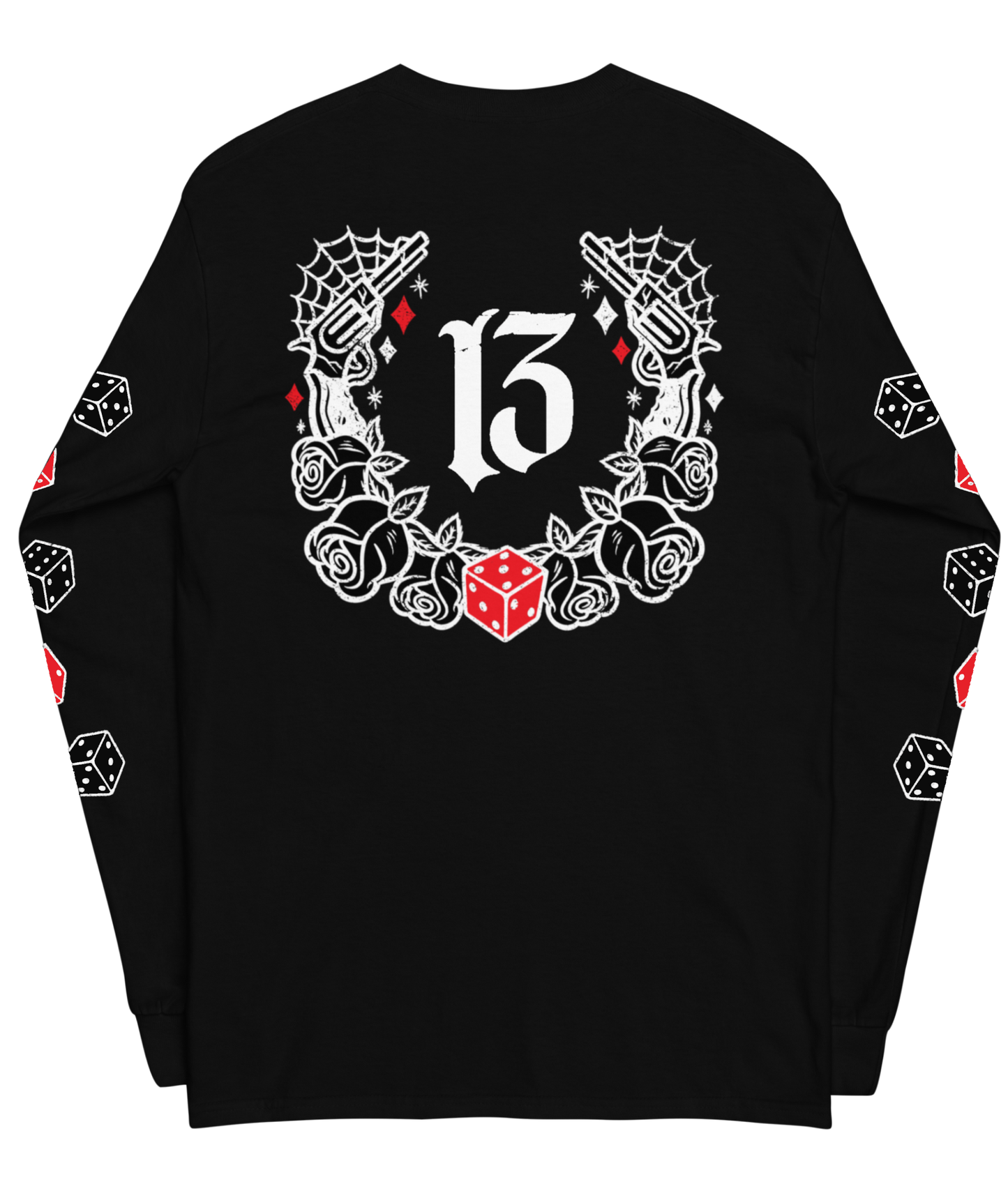 Back view of the Big Iron Long Sleeve Tee in black from Asphalt Anarchist Clothing Co.—classic fit with ribbed cuffs, featuring a full-back outlaw design of pistols, roses, cobwebs, and the number 13. Front chest detail shows dice and sidearms; sleeve graphics display tumblin’ dice in motion. A visual ode to outlaw luck and roadside myth. AI-generated image.
