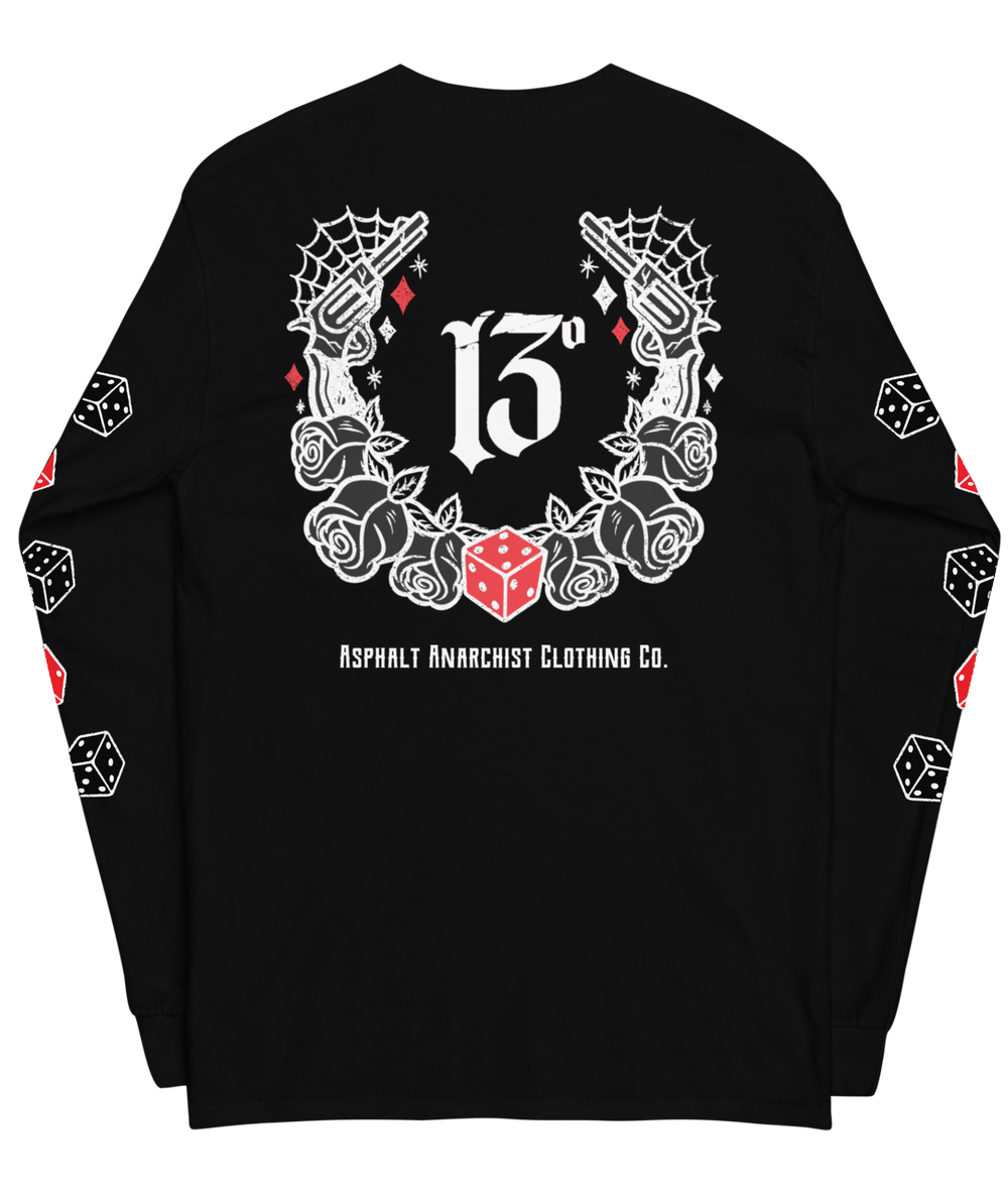 Back view of the Big Iron Long Sleeve Tee in black from Asphalt Anarchist Clothing Co.—classic fit with ribbed cuffs, featuring a full-back outlaw design of pistols, roses, cobwebs, and the number 13. Front chest detail shows dice and sidearms; sleeve graphics display tumblin’ dice in motion. A visual ode to outlaw luck and roadside myth. AI-generated image.
