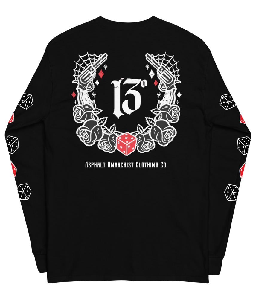 Back view of the Big Iron Long Sleeve Tee in black from Asphalt Anarchist Clothing Co.—classic fit with ribbed cuffs, featuring a full-back outlaw design of pistols, roses, cobwebs, and the number 13. Front chest detail shows dice and sidearms; sleeve graphics display tumblin’ dice in motion. A visual ode to outlaw luck and roadside myth. AI-generated image.
