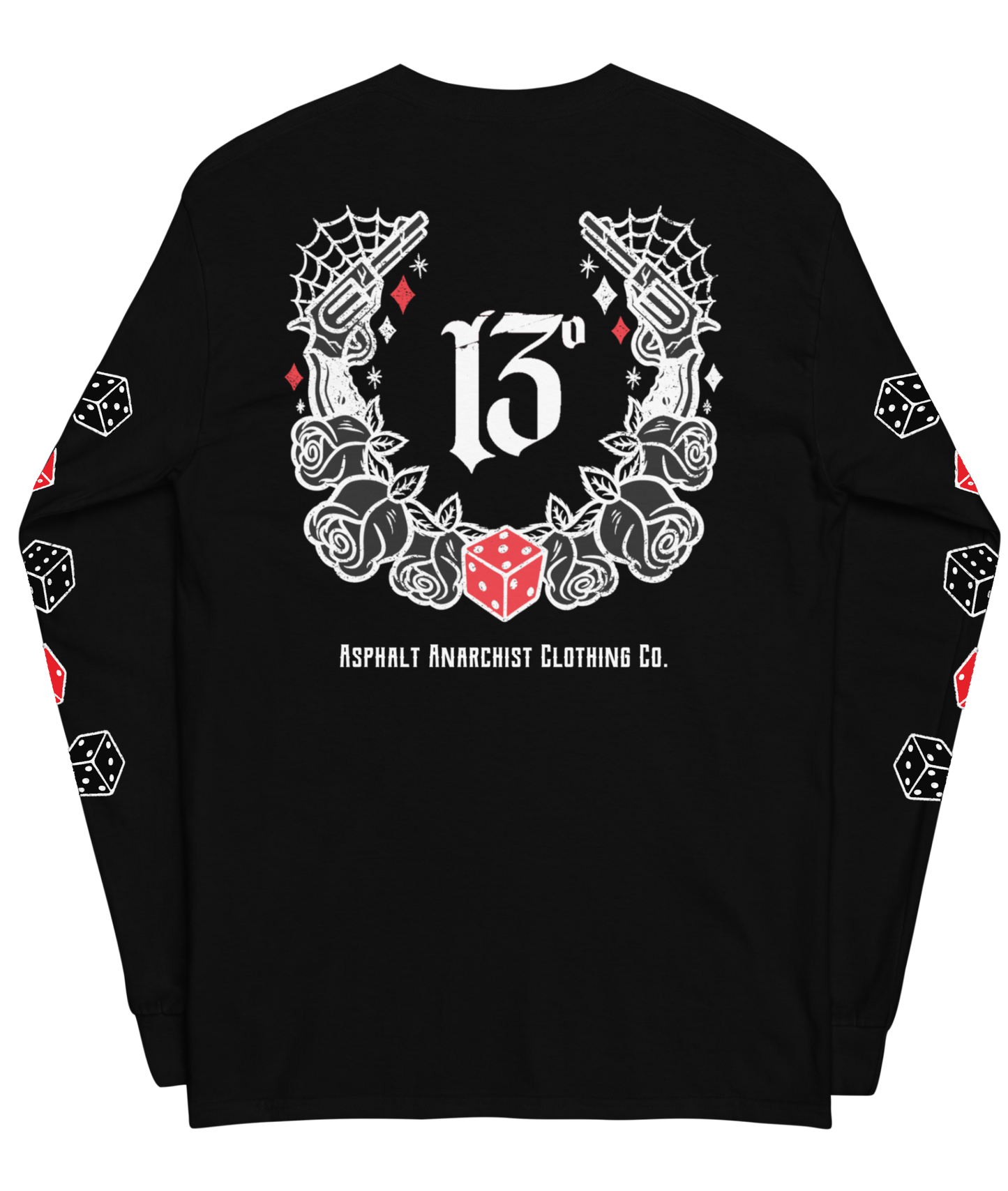 Back view of the Big Iron Long Sleeve Tee in black from Asphalt Anarchist Clothing Co.—classic fit with ribbed cuffs, featuring a full-back outlaw design of pistols, roses, cobwebs, and the number 13. Front chest detail shows dice and sidearms; sleeve graphics display tumblin’ dice in motion. A visual ode to outlaw luck and roadside myth. AI-generated image.
