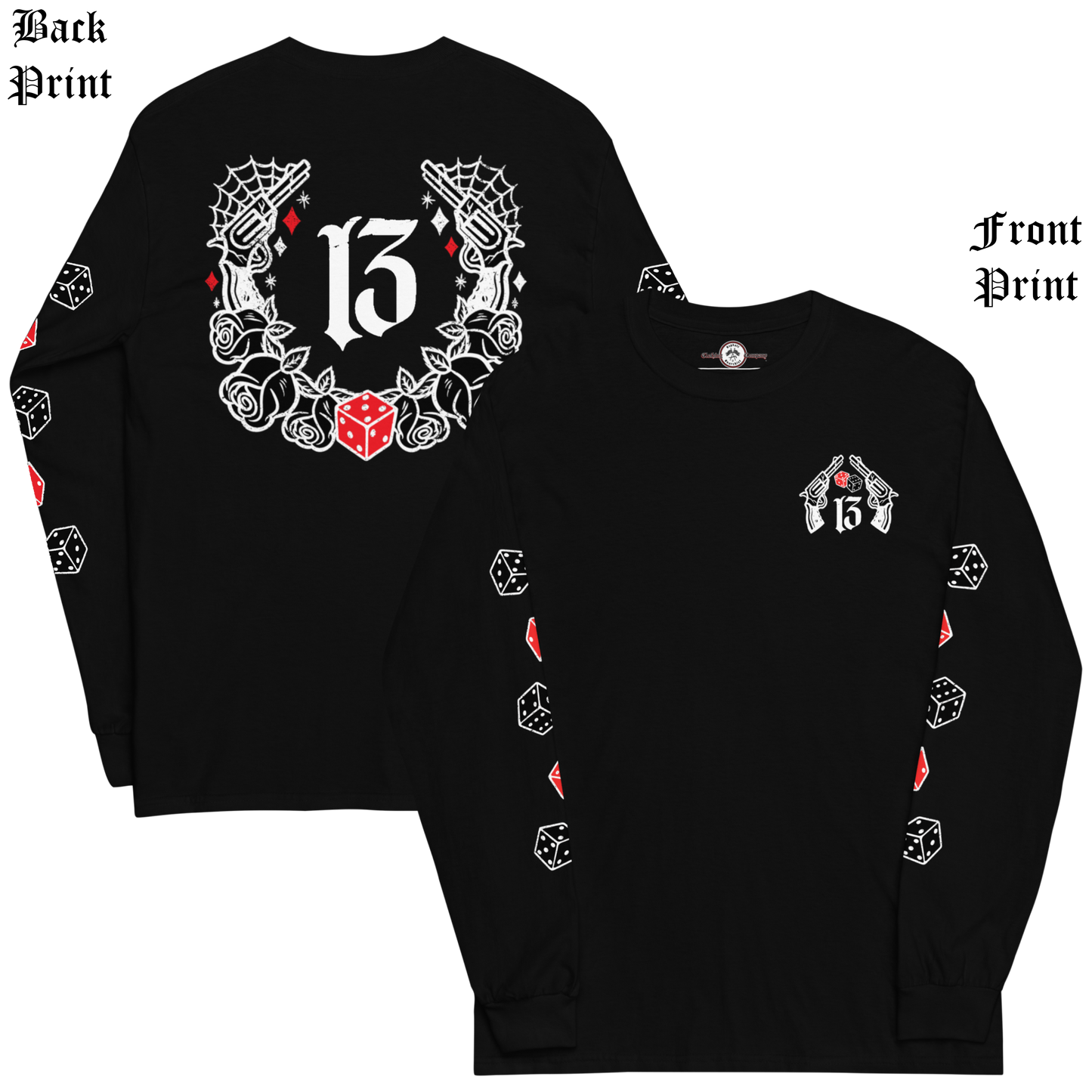 
                  
                    Back & front view of the Big Iron Long Sleeve Tee in black from Asphalt Anarchist Clothing Co.—classic fit with ribbed cuffs, featuring a full-back outlaw design of pistols, roses, cobwebs, and the number 13. Front chest detail shows dice and sidearms; sleeve graphics display tumblin’ dice in motion. A visual ode to outlaw luck and roadside myth. AI-generated image.

                  
                