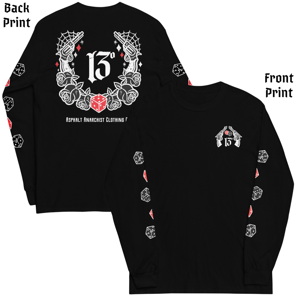 
                  
                    Back & front view of the Big Iron Long Sleeve Tee in black from Asphalt Anarchist Clothing Co.—classic fit with ribbed cuffs, featuring a full-back outlaw design of pistols, roses, cobwebs, and the number 13. Front chest detail shows dice and sidearms; sleeve graphics display tumblin’ dice in motion. A visual ode to outlaw luck and roadside myth. AI-generated image.

                  
                