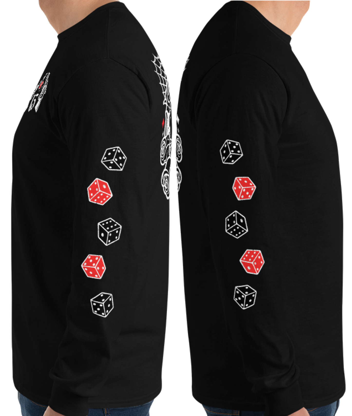 
                  
                    Left & Right view of the Big Iron Long Sleeve Tee in black from Asphalt Anarchist Clothing Co.—classic fit with ribbed cuffs, featuring a full-back outlaw design of pistols, roses, cobwebs, and the number 13. Front chest detail shows dice and sidearms; sleeve graphics display tumblin’ dice in motion. A visual ode to outlaw luck and roadside myth. AI-generated image.

                  
                