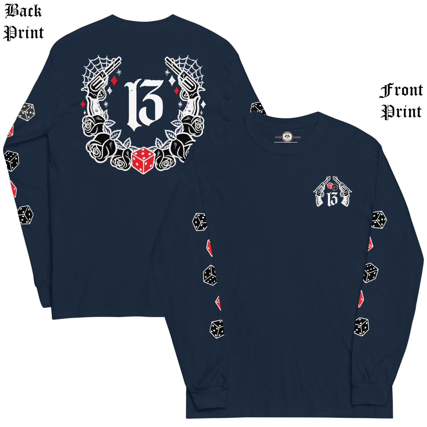 
                  
                    Back & front view of the Big Iron Long Sleeve Tee in navy from Asphalt Anarchist Clothing Co.—classic fit with ribbed cuffs, featuring a full-back outlaw design of pistols, roses, cobwebs, and the number 13. Front chest detail shows dice and sidearms; sleeve graphics display tumblin’ dice in motion. A visual ode to outlaw luck and roadside myth. AI-generated image.

                  
                