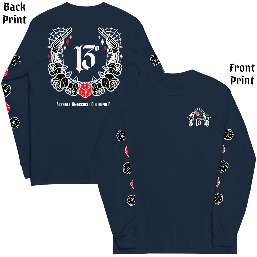 
                  
                    Back & front view of the Big Iron Long Sleeve Tee in navy from Asphalt Anarchist Clothing Co.—classic fit with ribbed cuffs, featuring a full-back outlaw design of pistols, roses, cobwebs, and the number 13. Front chest detail shows dice and sidearms; sleeve graphics display tumblin’ dice in motion. A visual ode to outlaw luck and roadside myth. AI-generated image.

                  
                