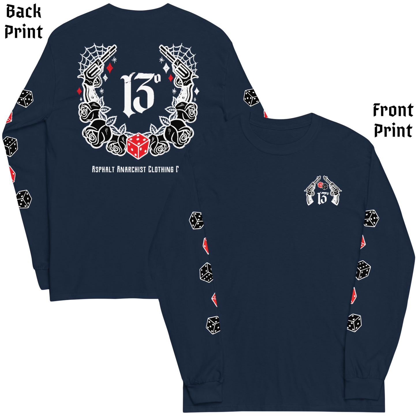 
                  
                    Back & front view of the Big Iron Long Sleeve Tee in navy from Asphalt Anarchist Clothing Co.—classic fit with ribbed cuffs, featuring a full-back outlaw design of pistols, roses, cobwebs, and the number 13. Front chest detail shows dice and sidearms; sleeve graphics display tumblin’ dice in motion. A visual ode to outlaw luck and roadside myth. AI-generated image.

                  
                