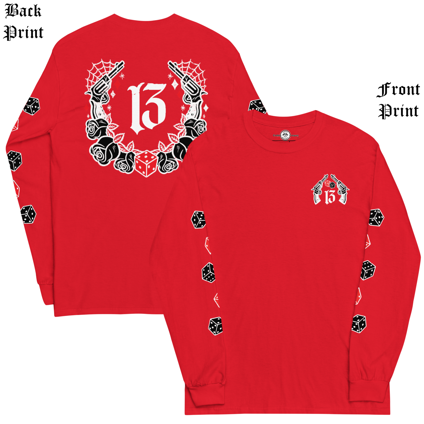 
                  
                    Back & front view of the Big Iron Long Sleeve Tee in red from Asphalt Anarchist Clothing Co.—classic fit with ribbed cuffs, featuring a full-back outlaw design of pistols, roses, cobwebs, and the number 13. Front chest detail shows dice and sidearms; sleeve graphics display tumblin’ dice in motion. A visual ode to outlaw luck and roadside myth. AI-generated image.

                  
                