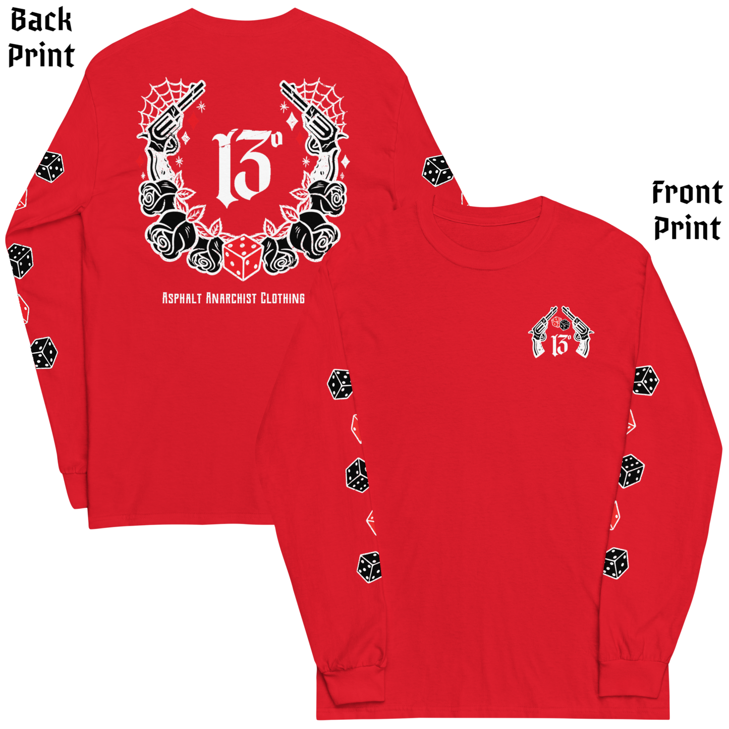 
                  
                    Back & front view of the Big Iron Long Sleeve Tee in red from Asphalt Anarchist Clothing Co.—classic fit with ribbed cuffs, featuring a full-back outlaw design of pistols, roses, cobwebs, and the number 13. Front chest detail shows dice and sidearms; sleeve graphics display tumblin’ dice in motion. A visual ode to outlaw luck and roadside myth. AI-generated image.

                  
                
