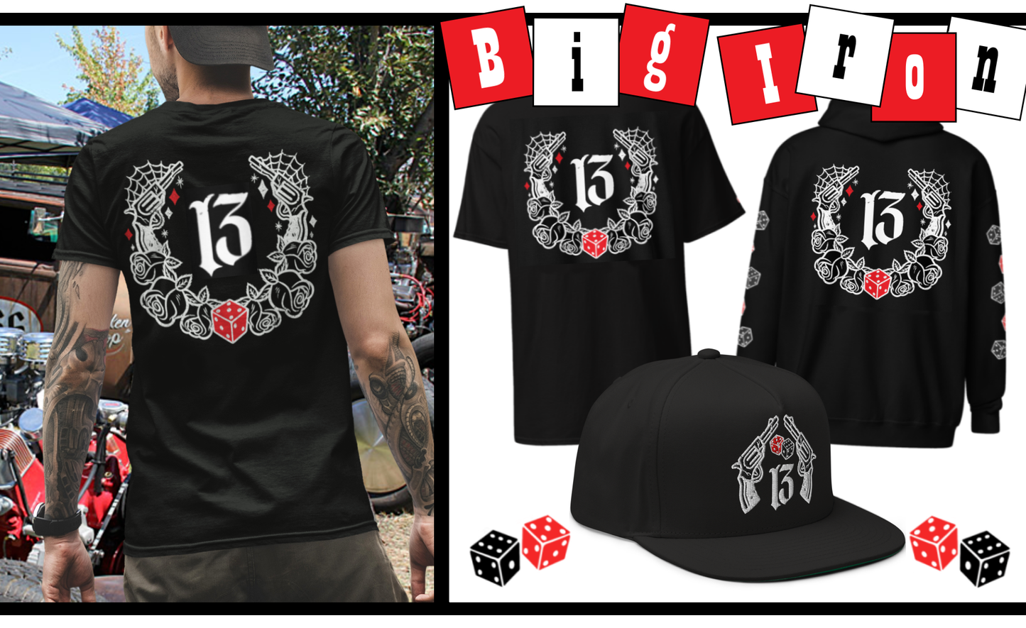 The Big Iron Collection from Asphalt Anarchist Clothing Co. Guns, spiderwebs, roses, and the iconic 13 are all part of this flash art design. 
Old Skool Hot Rod Apparel
AI Generated Image