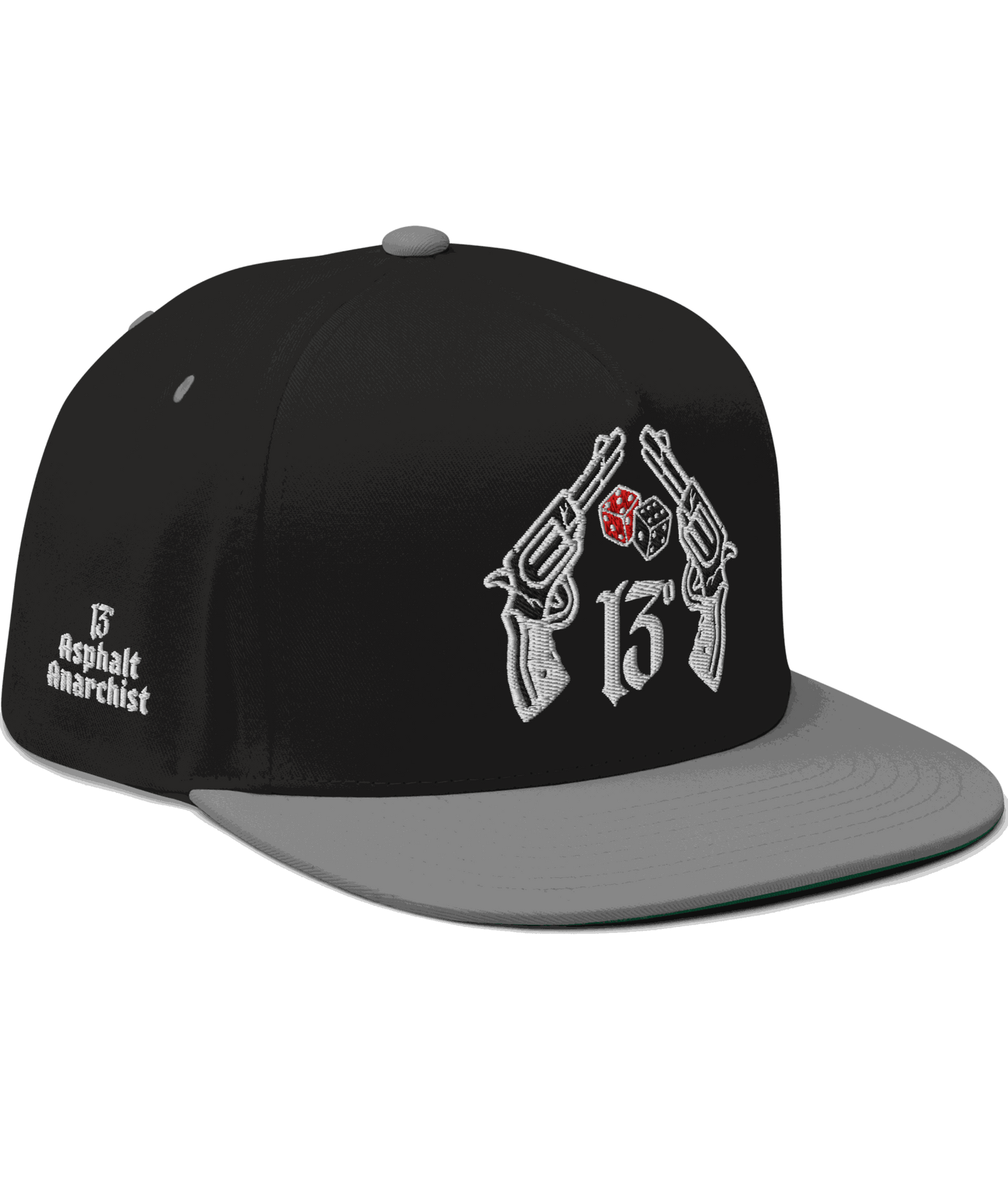 
                  
                    Front image of the Big Iron Black & gray snapback hat with embroidered crossed pistols and dice graphic on front panel; bold, rebellious design from Asphalt Anarchist Clothing Co. AI-generated image used for visual representation.
                  
                