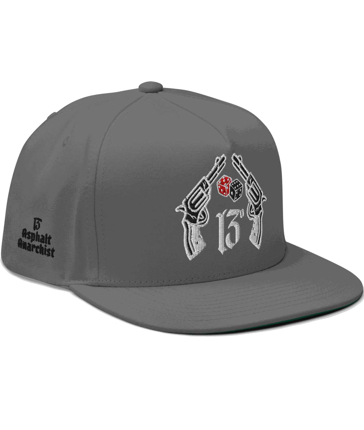 
                  
                    Front image of the Big Iron Gray snapback hat with embroidered crossed pistols and dice graphic on front panel; bold, rebellious design from Asphalt Anarchist Clothing Co. AI-generated image used for visual representation.
                  
                