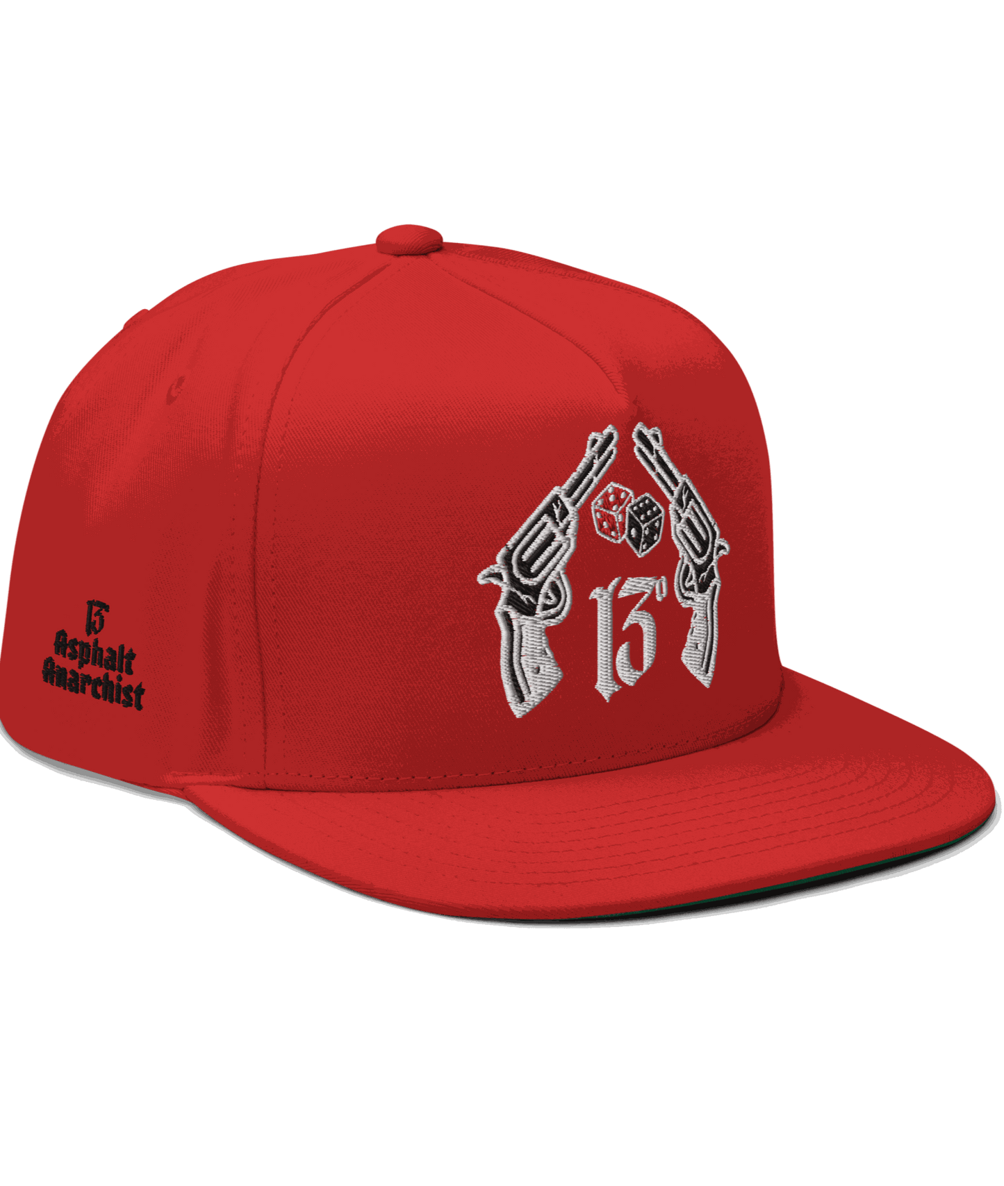 
                  
                    Front image of the Big Iron Red snapback hat with embroidered crossed pistols and dice graphic on front panel; bold, rebellious design from Asphalt Anarchist Clothing Co. AI-generated image used for visual representation.
                  
                