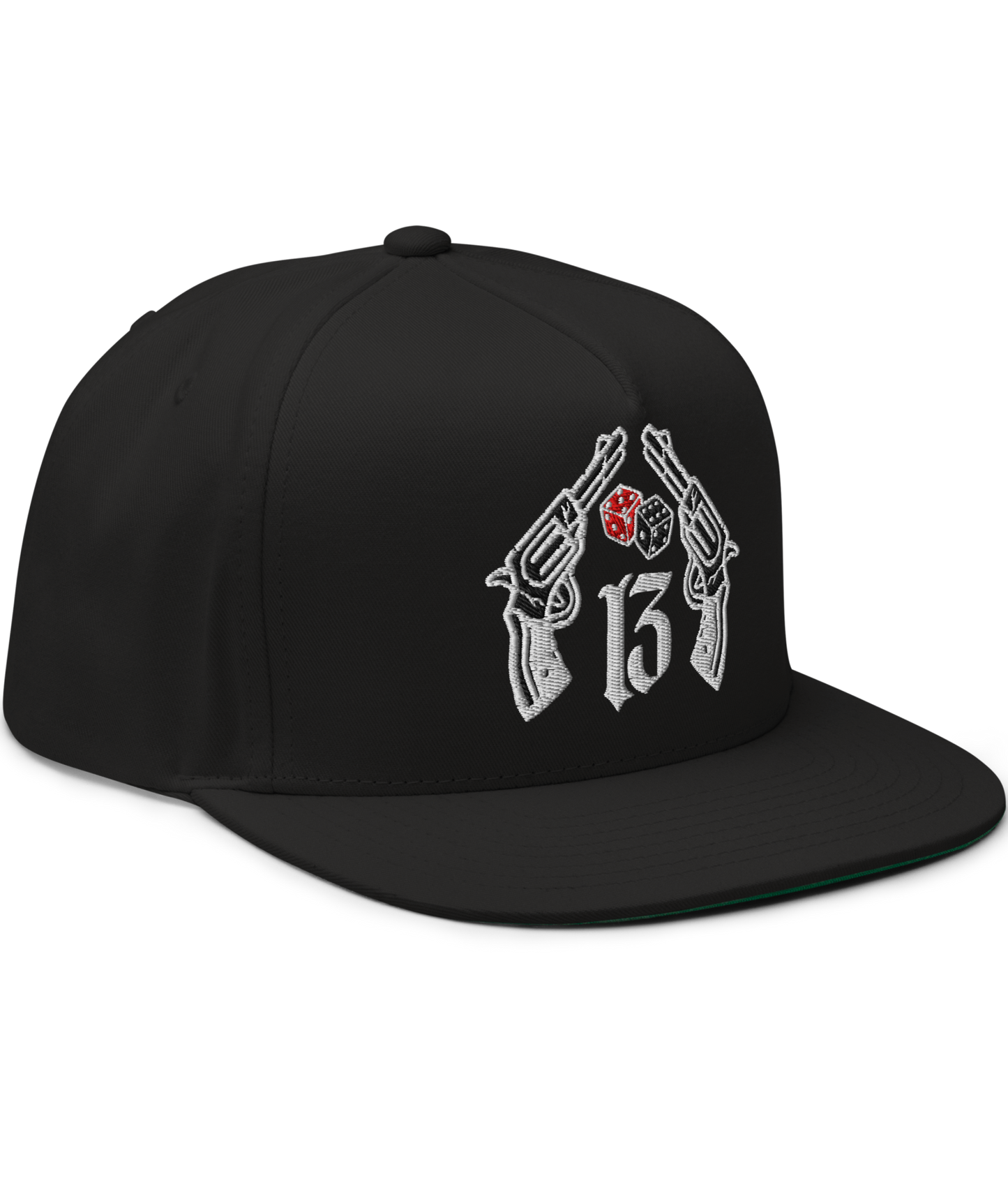 Front image of the Big Iron Black snapback hat with embroidered crossed pistols and dice graphic on front panel; bold, rebellious design from Asphalt Anarchist Clothing Co. AI-generated image used for visual representation.