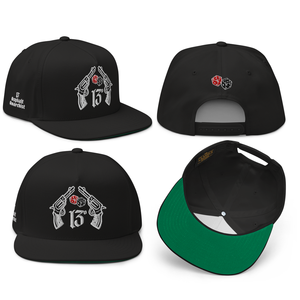 
                  
                    All sides image of the Big Iron Black snapback hat with embroidered crossed pistols and dice graphic on front panel; bold, rebellious design from Asphalt Anarchist Clothing Co. AI-generated image used for visual representation.
                  
                