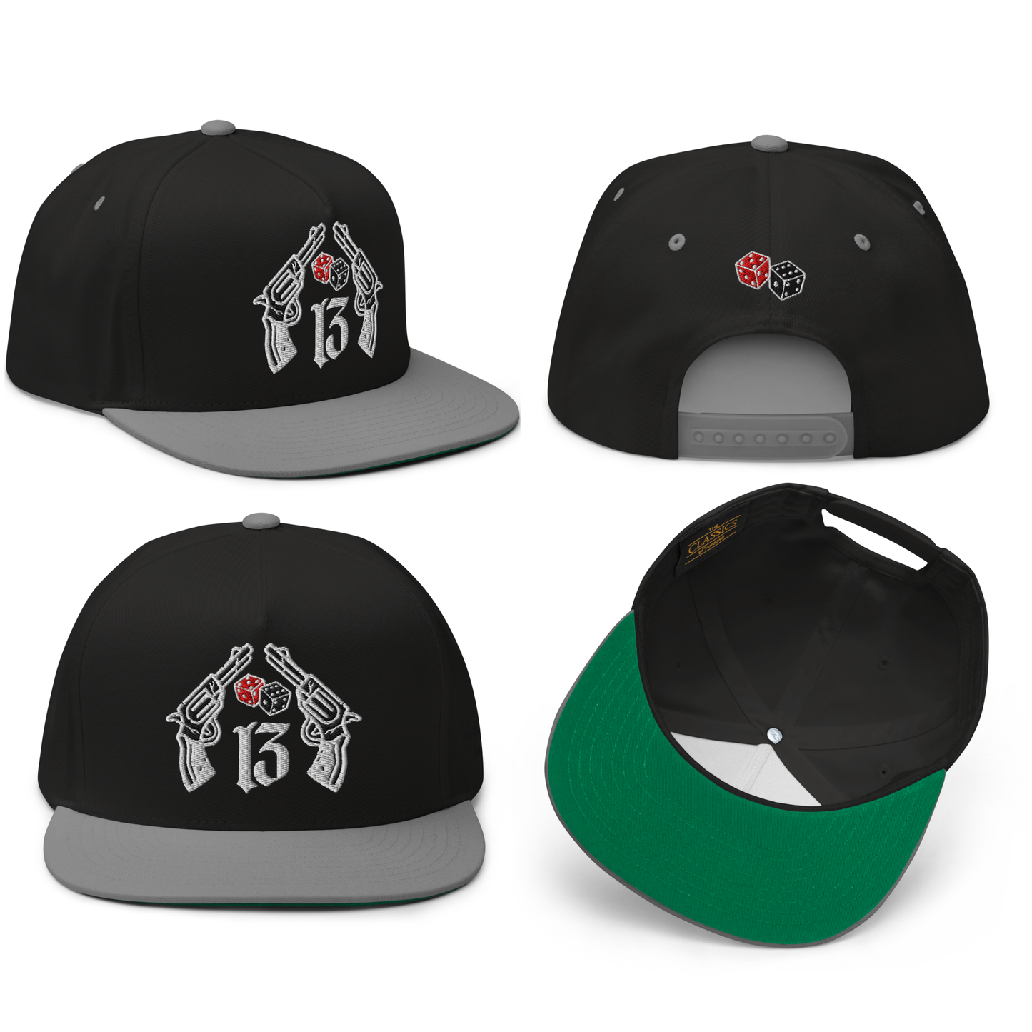 
                  
                    All sides image of the Big Iron Black & Gray snapback hat with embroidered crossed pistols and dice graphic on front panel; bold, rebellious design from Asphalt Anarchist Clothing Co. AI-generated image used for visual representation.
                  
                