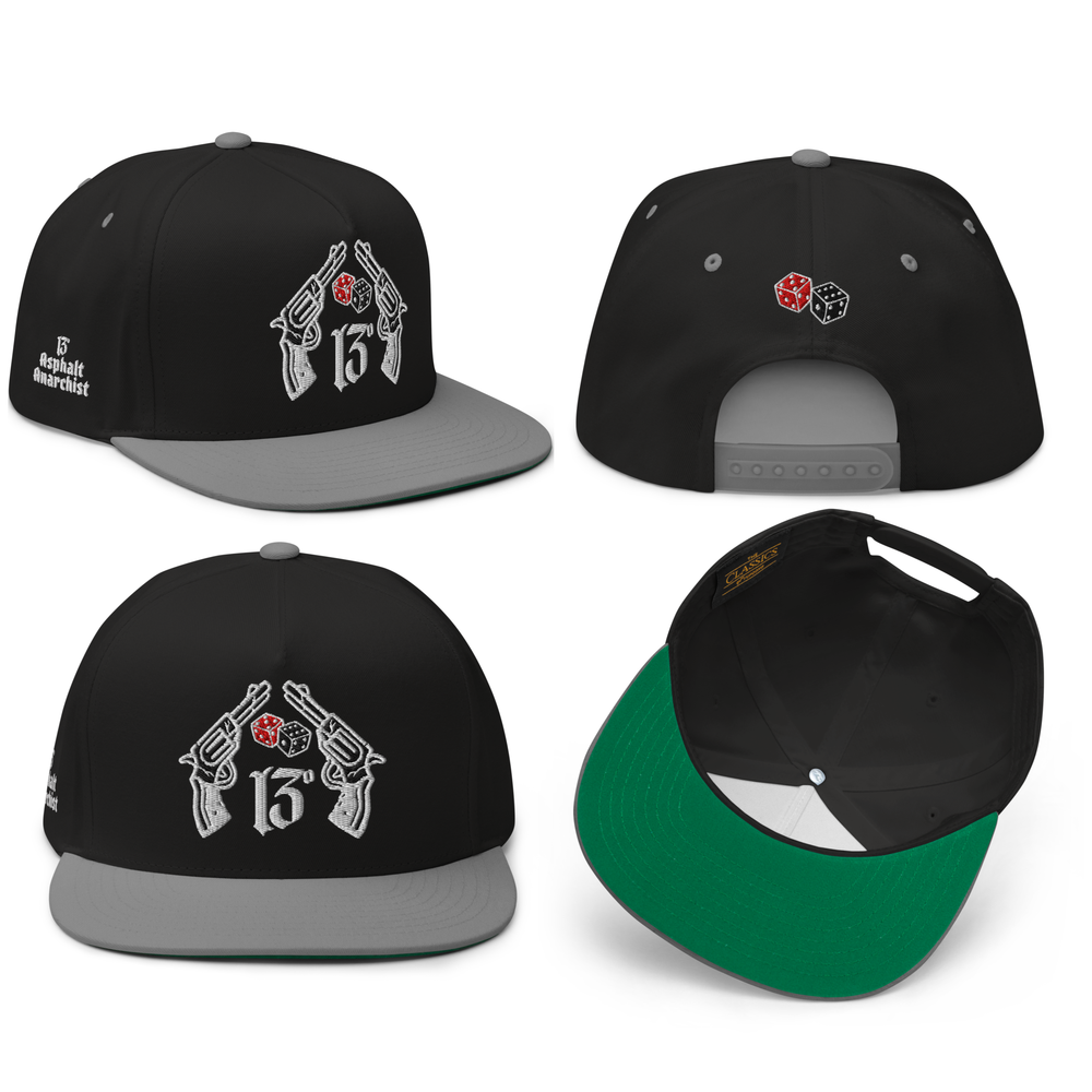
                  
                    All sides image of the Big Iron Black & Gray snapback hat with embroidered crossed pistols and dice graphic on front panel; bold, rebellious design from Asphalt Anarchist Clothing Co. AI-generated image used for visual representation.
                  
                