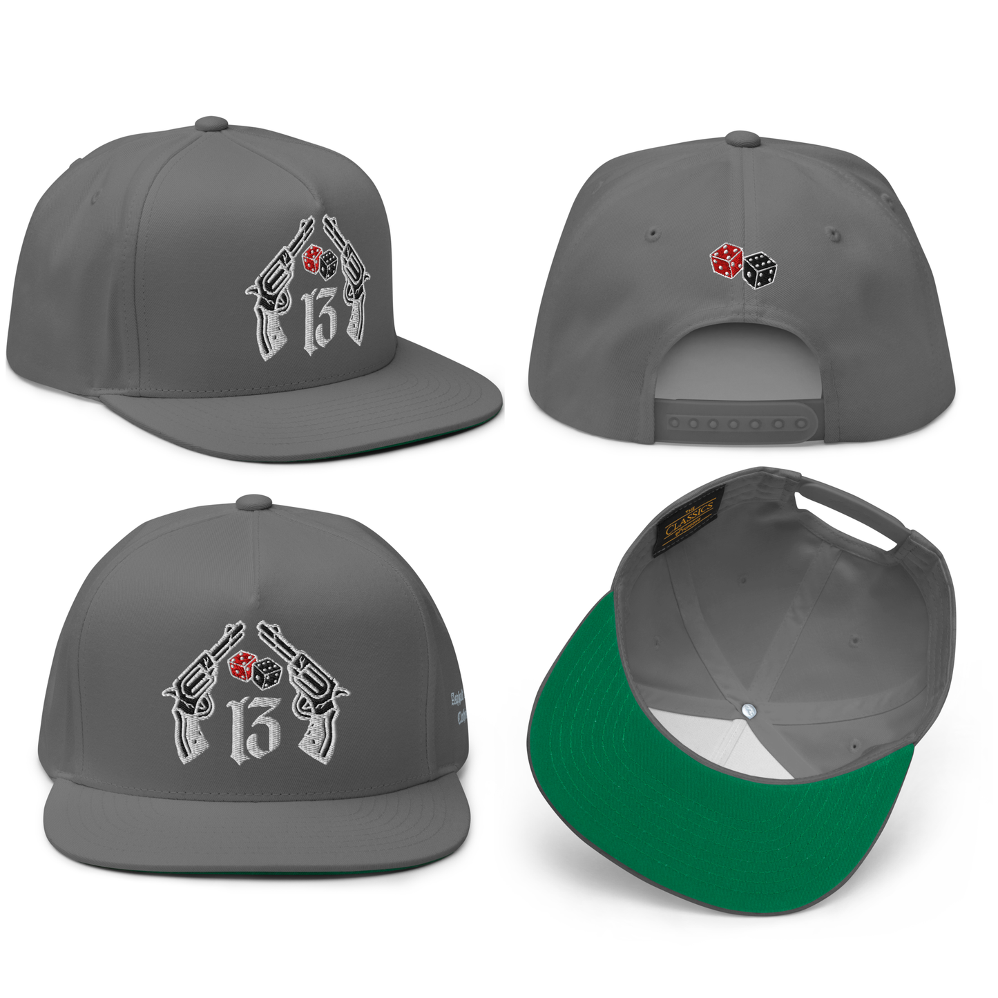 
                  
                    All sides image of the Big Iron Gray snapback hat with embroidered crossed pistols and dice graphic on front panel; bold, rebellious design from Asphalt Anarchist Clothing Co. AI-generated image used for visual representation.
                  
                