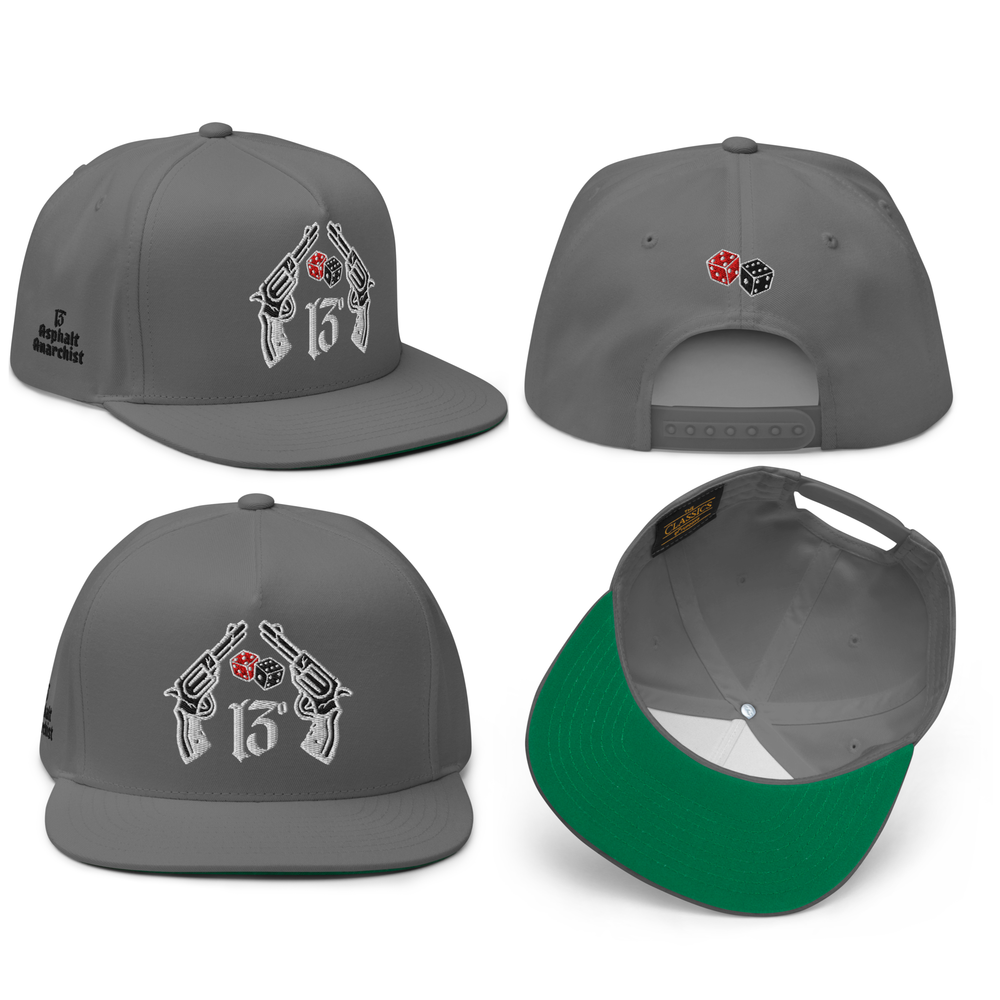 
                  
                    All sides image of the Big Iron Gray snapback hat with embroidered crossed pistols and dice graphic on front panel; bold, rebellious design from Asphalt Anarchist Clothing Co. AI-generated image used for visual representation.
                  
                
