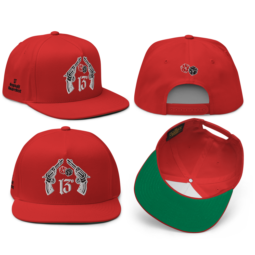
                  
                    All sides image of the Big Iron Red snapback hat with embroidered crossed pistols and dice graphic on front panel; bold, rebellious design from Asphalt Anarchist Clothing Co. AI-generated image used for visual representation.
                  
                