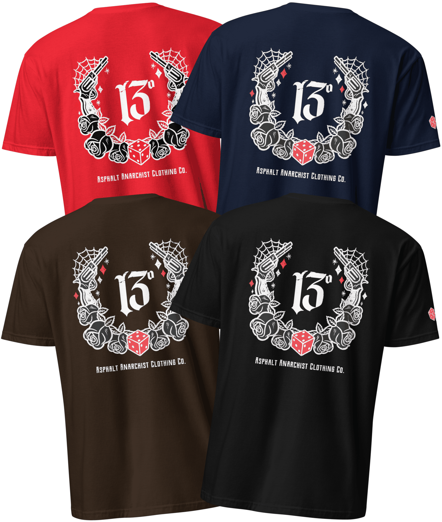 Back View of the  “Big Iron” Tee by Asphalt Anarchist Clothing Co.—a raw, rebellious design steeped in old skool rat rod grit. This black, red, navy, or brown tee features cobwebs, a stylized number 13, tumblin' dice, crossed pistols, and classic roses—blended with gritty edge and vintage outlaw spirit. A true tribute to garage lore, lucky streaks, and hot metal attitude.
