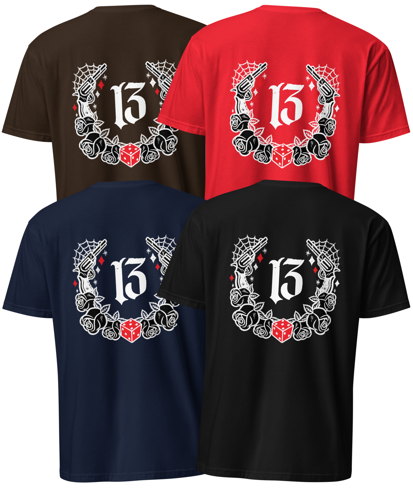 Back Collage View of the  “Big Iron” Tee in black, red, navy, or brown by Asphalt Anarchist Clothing Co.—a raw, rebellious design steeped in old skool rat rod grit. This tee features cobwebs, a stylized number 13, tumblin' dice, crossed pistols, and classic roses—blended with gritty edge and vintage outlaw spirit. A true tribute to garage lore, lucky streaks, and hot metal attitude.
AI Generated Image