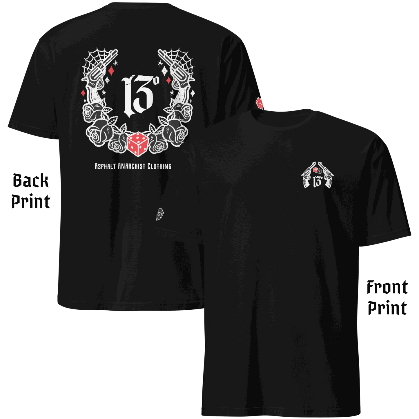 
                  
                    Back & Front View of the 🖤 “Big Iron” Tee by Asphalt Anarchist Clothing Co.—a raw, rebellious design steeped in old skool rat rod grit. This black tee features cobwebs, a stylized number 13, tumblin' dice, crossed pistols, and classic roses—blended with gritty edge and vintage outlaw spirit. A true tribute to garage lore, lucky streaks, and hot metal attitude.
This image was AI-generated to visually represent the product described.

                  
                