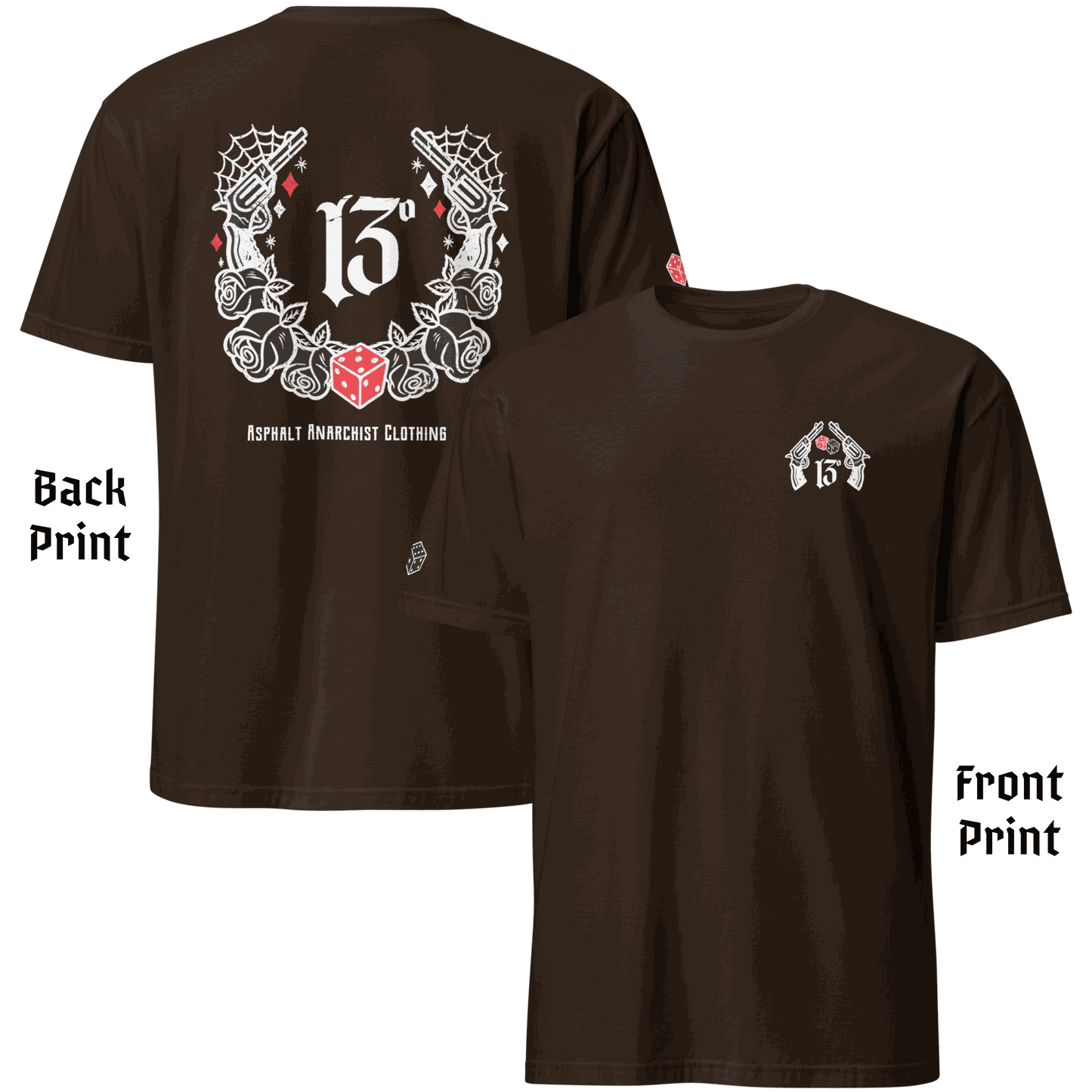 
                  
                    Back & Front View of the 🖤 “Big Iron” Tee by Asphalt Anarchist Clothing Co.—a raw, rebellious design steeped in old skool rat rod grit. This Brown tee features cobwebs, a stylized number 13, tumblin' dice, crossed pistols, and classic roses—blended with gritty edge and vintage outlaw spirit. A true tribute to garage lore, lucky streaks, and hot metal attitude.
This image was AI-generated to visually represent the product described.
                  
                