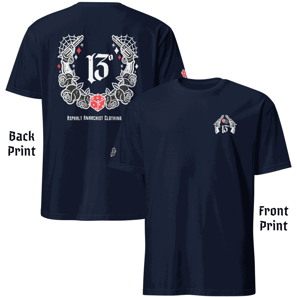 
                  
                    Back & Front View of the 🖤 “Big Iron” Tee by Asphalt Anarchist Clothing Co.—a raw, rebellious design steeped in old skool rat rod grit. This Navy tee features cobwebs, a stylized number 13, tumblin' dice, crossed pistols, and classic roses—blended with gritty edge and vintage outlaw spirit. A true tribute to garage lore, lucky streaks, and hot metal attitude.
This image was AI-generated to visually represent the product described.

                  
                