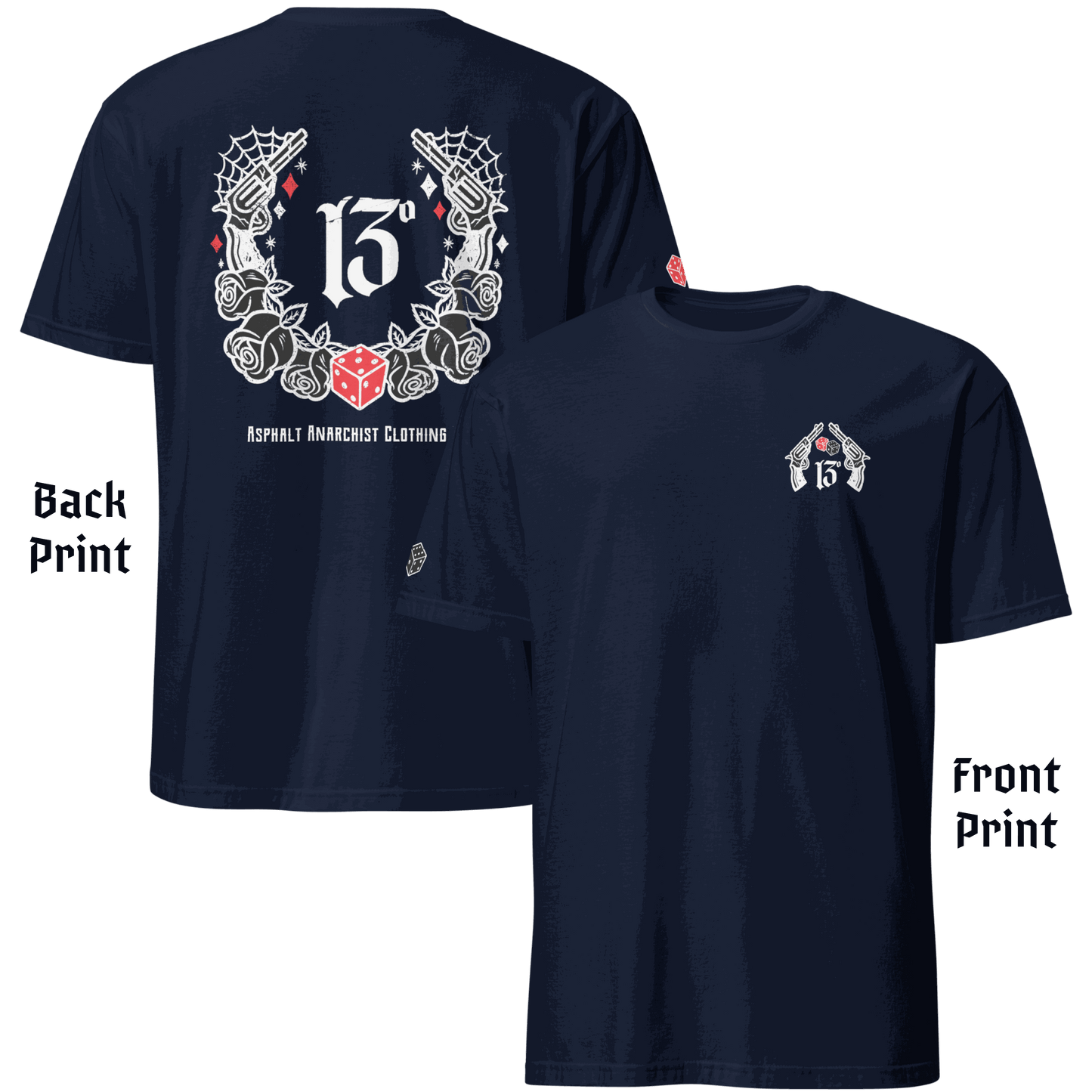 
                  
                    Back & Front View of the 🖤 “Big Iron” Tee by Asphalt Anarchist Clothing Co.—a raw, rebellious design steeped in old skool rat rod grit. This Navy tee features cobwebs, a stylized number 13, tumblin' dice, crossed pistols, and classic roses—blended with gritty edge and vintage outlaw spirit. A true tribute to garage lore, lucky streaks, and hot metal attitude.
This image was AI-generated to visually represent the product described.

                  
                