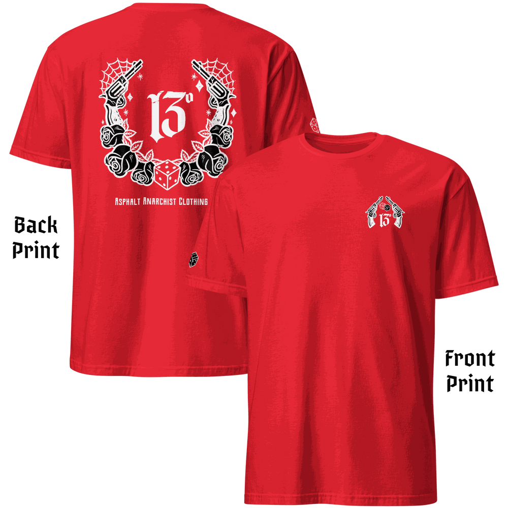 
                  
                    Back & Front View of the 🖤 “Big Iron” Tee by Asphalt Anarchist Clothing Co.—a raw, rebellious design steeped in old skool rat rod grit. This Red tee features cobwebs, a stylized number 13, tumblin' dice, crossed pistols, and classic roses—blended with gritty edge and vintage outlaw spirit. A true tribute to garage lore, lucky streaks, and hot metal attitude.
This image was AI-generated to visually represent the product described.
                  
                