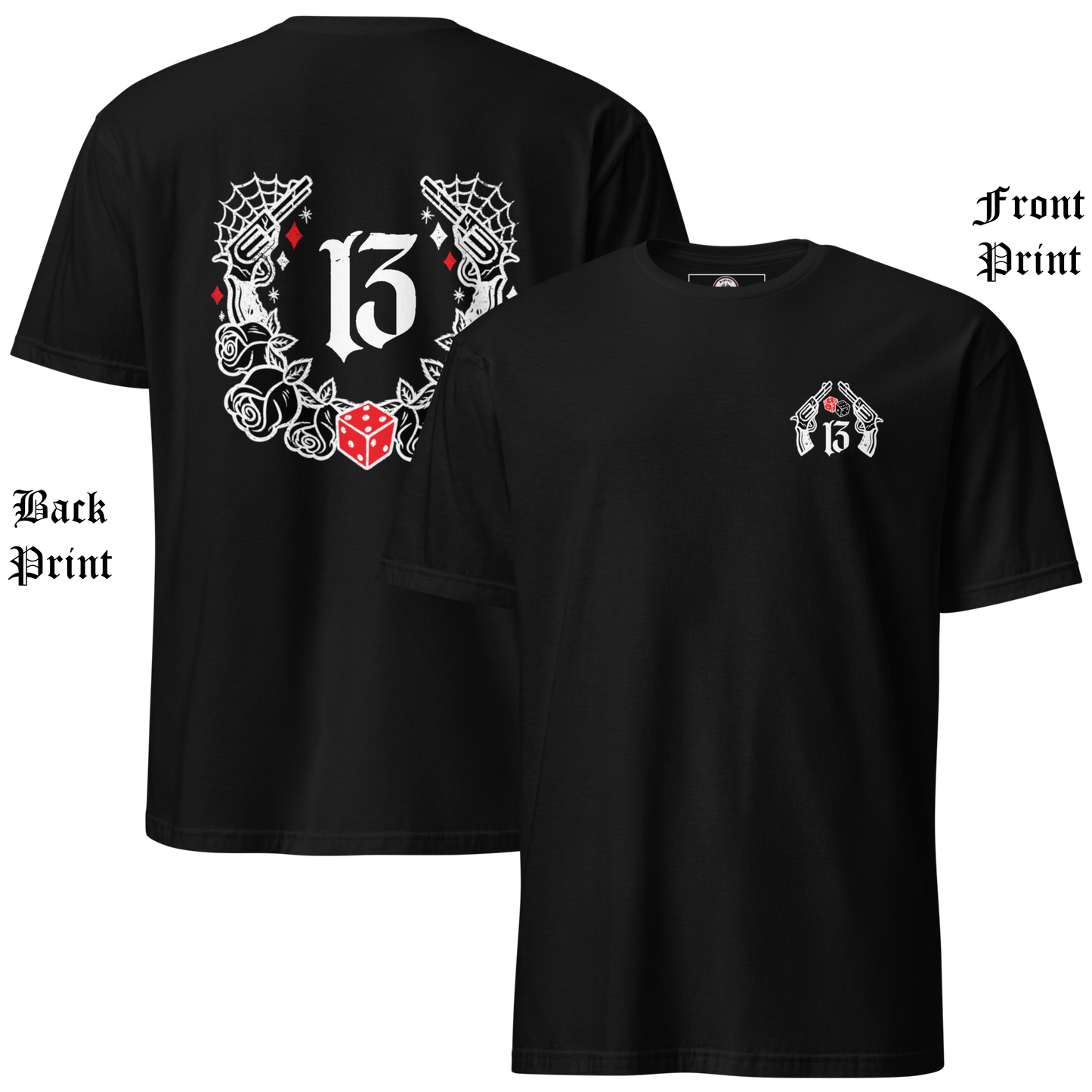 
                  
                    Front & Back Collage View of the  “Big Iron” Tee in black by Asphalt Anarchist Clothing Co.—a raw, rebellious design steeped in old skool rat rod grit. This tee features cobwebs, a stylized number 13, tumblin' dice, crossed pistols, and classic roses—blended with gritty edge and vintage outlaw spirit. A true tribute to garage lore, lucky streaks, and hot metal attitude.
AI Generated Image
                  
                