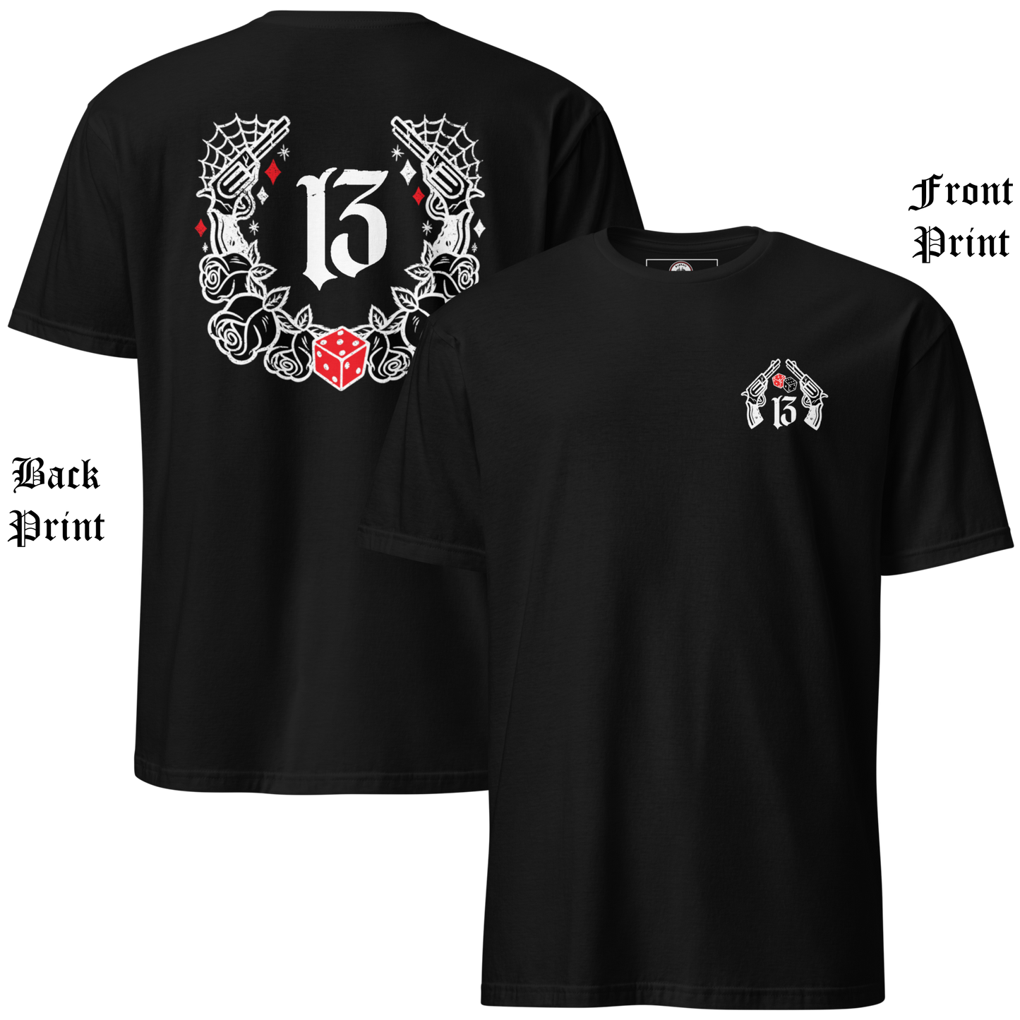 
                  
                    Front & Back Collage View of the  “Big Iron” Tee in black by Asphalt Anarchist Clothing Co.—a raw, rebellious design steeped in old skool rat rod grit. This tee features cobwebs, a stylized number 13, tumblin' dice, crossed pistols, and classic roses—blended with gritty edge and vintage outlaw spirit. A true tribute to garage lore, lucky streaks, and hot metal attitude.
AI Generated Image
                  
                