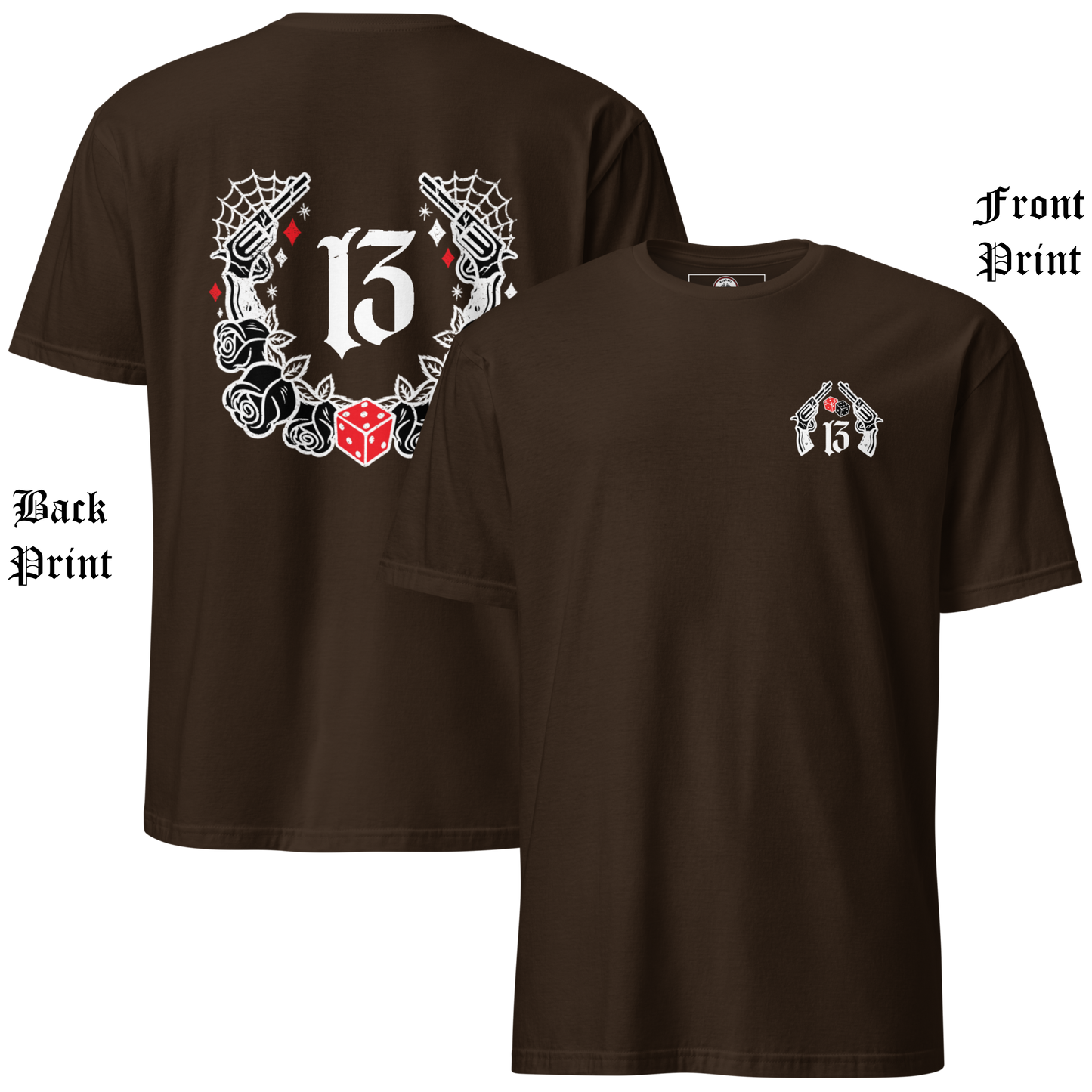 
                  
                    Front & Back Collage View of the  “Big Iron” Tee in brown by Asphalt Anarchist Clothing Co.—a raw, rebellious design steeped in old skool rat rod grit. This tee features cobwebs, a stylized number 13, tumblin' dice, crossed pistols, and classic roses—blended with gritty edge and vintage outlaw spirit. A true tribute to garage lore, lucky streaks, and hot metal attitude.
AI Generated Image
                  
                