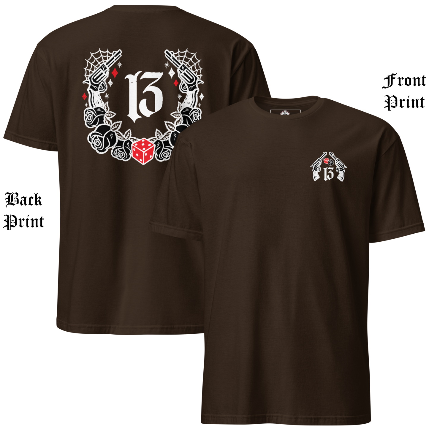 
                  
                    Front & Back Collage View of the  “Big Iron” Tee in brown by Asphalt Anarchist Clothing Co.—a raw, rebellious design steeped in old skool rat rod grit. This tee features cobwebs, a stylized number 13, tumblin' dice, crossed pistols, and classic roses—blended with gritty edge and vintage outlaw spirit. A true tribute to garage lore, lucky streaks, and hot metal attitude.
AI Generated Image
                  
                