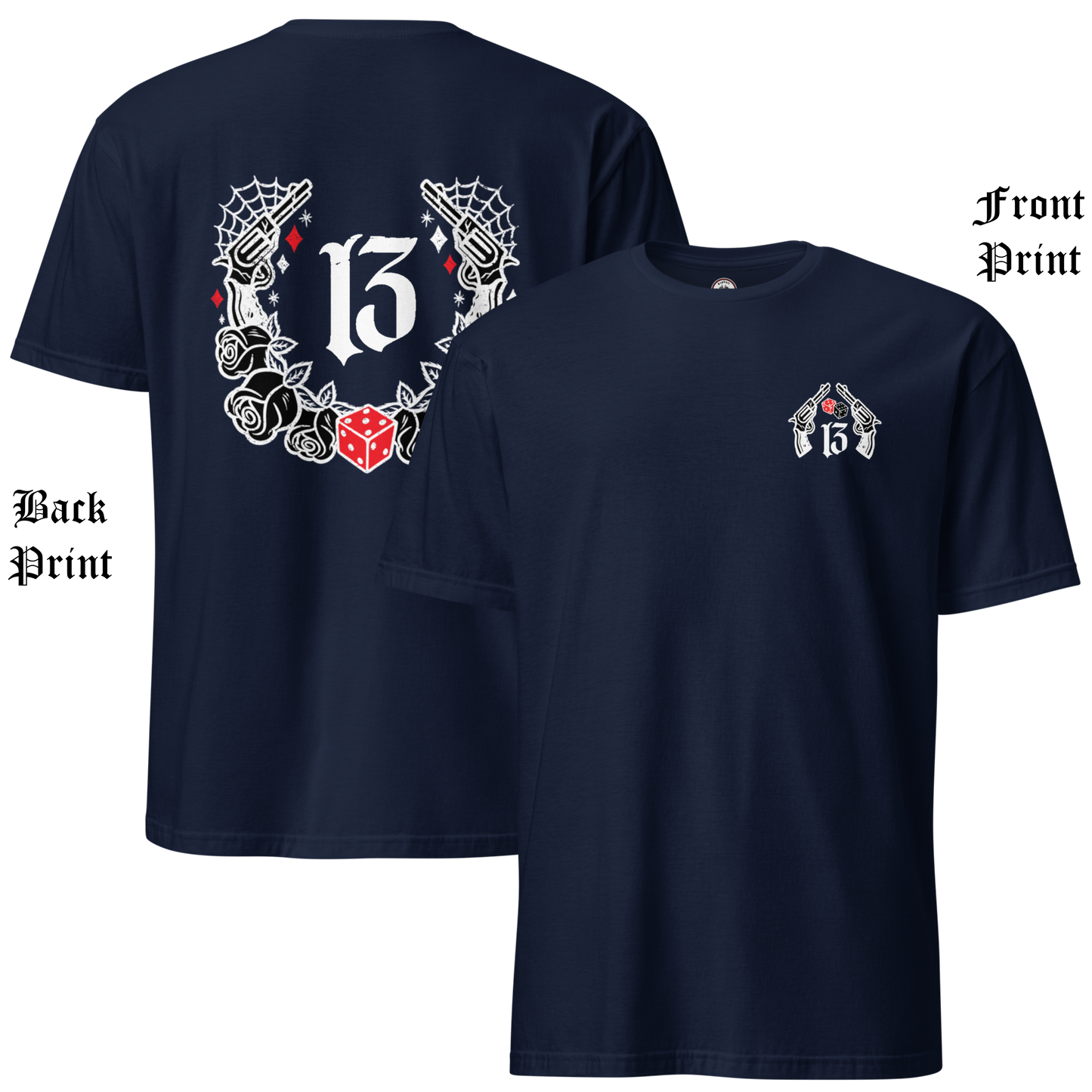 
                  
                    Front & Back Collage View of the  “Big Iron” Tee in navy by Asphalt Anarchist Clothing Co.—a raw, rebellious design steeped in old skool rat rod grit. This tee features cobwebs, a stylized number 13, tumblin' dice, crossed pistols, and classic roses—blended with gritty edge and vintage outlaw spirit. A true tribute to garage lore, lucky streaks, and hot metal attitude.
AI Generated Image
                  
                