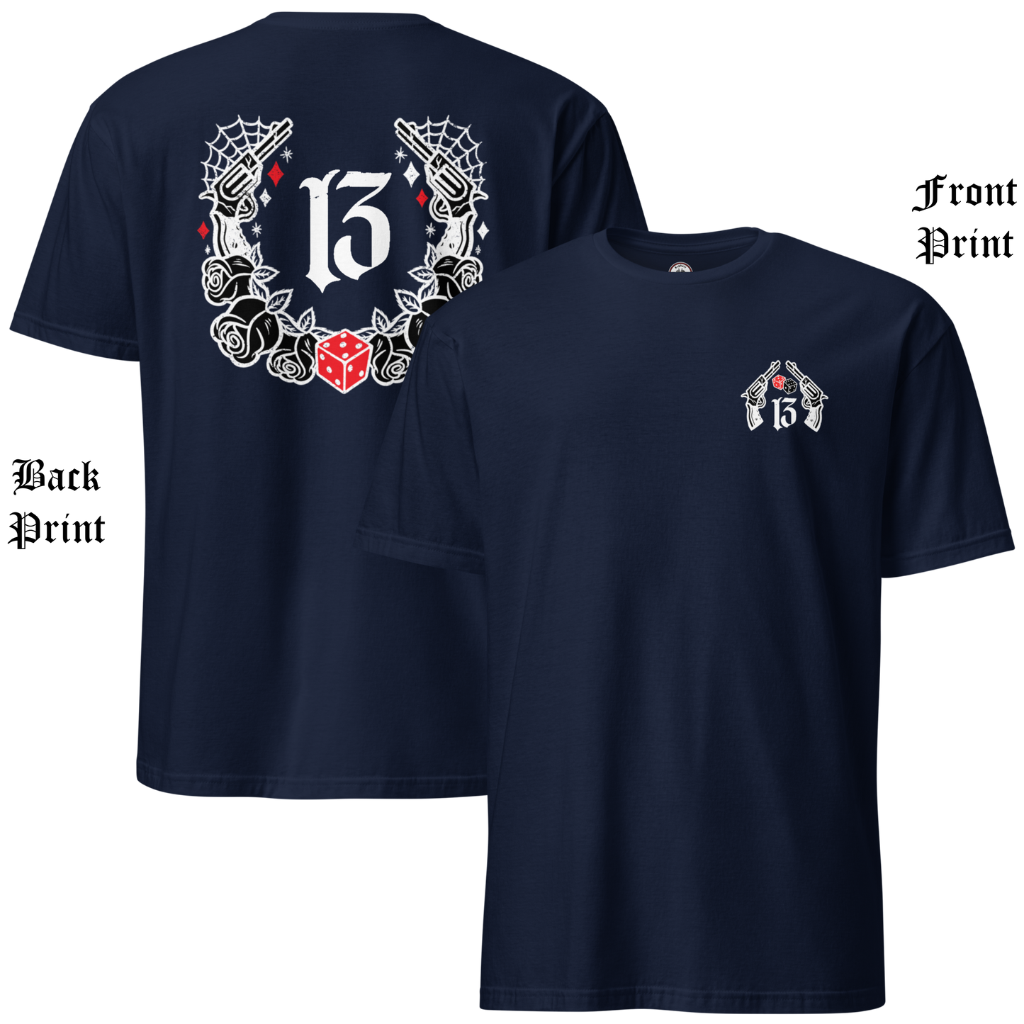 
                  
                    Front & Back Collage View of the  “Big Iron” Tee in navy by Asphalt Anarchist Clothing Co.—a raw, rebellious design steeped in old skool rat rod grit. This tee features cobwebs, a stylized number 13, tumblin' dice, crossed pistols, and classic roses—blended with gritty edge and vintage outlaw spirit. A true tribute to garage lore, lucky streaks, and hot metal attitude.
AI Generated Image
                  
                