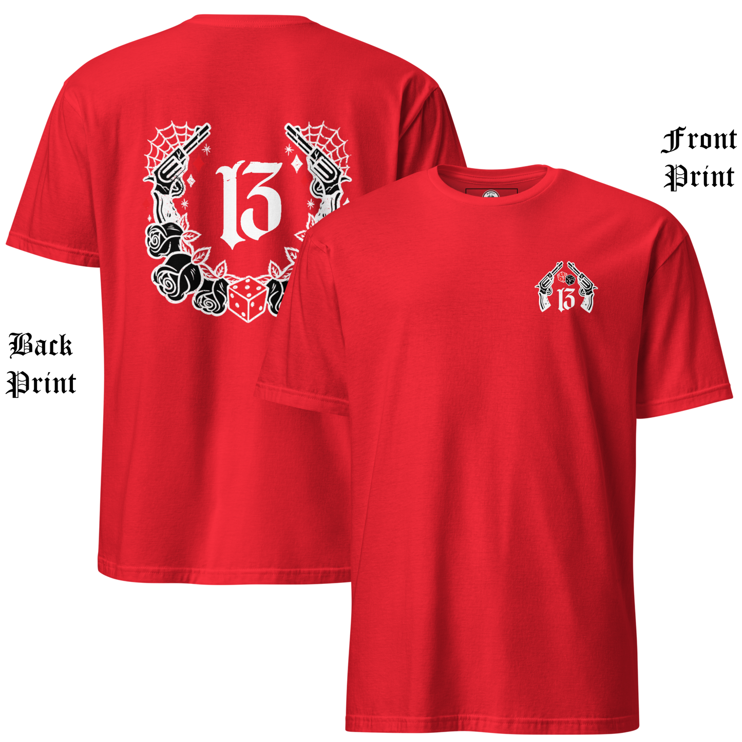 
                  
                    Front & Back Collage View of the  “Big Iron” Tee in red by Asphalt Anarchist Clothing Co.—a raw, rebellious design steeped in old skool rat rod grit. This tee features cobwebs, a stylized number 13, tumblin' dice, crossed pistols, and classic roses—blended with gritty edge and vintage outlaw spirit. A true tribute to garage lore, lucky streaks, and hot metal attitude.
AI Generated Image
                  
                