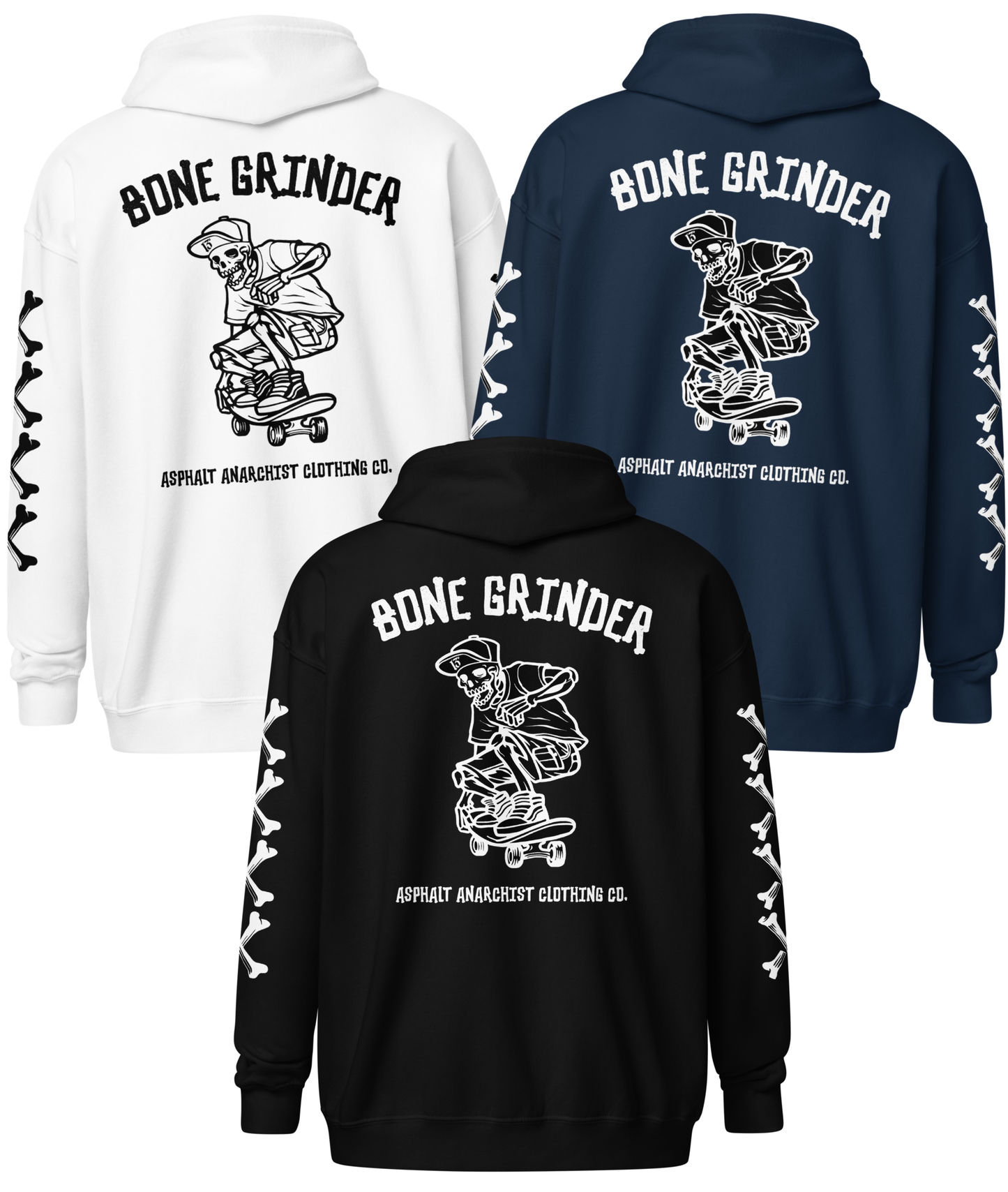 Back collage view of Bone Grinder Heavy Zipper Hoodie in black, navy, or white by Asphalt Anarchist Clothing Co., featuring full-back skeleton skater nose grab graphic, bone-font XXXX sleeve detail, and front chest pocket print. AI-generated image.