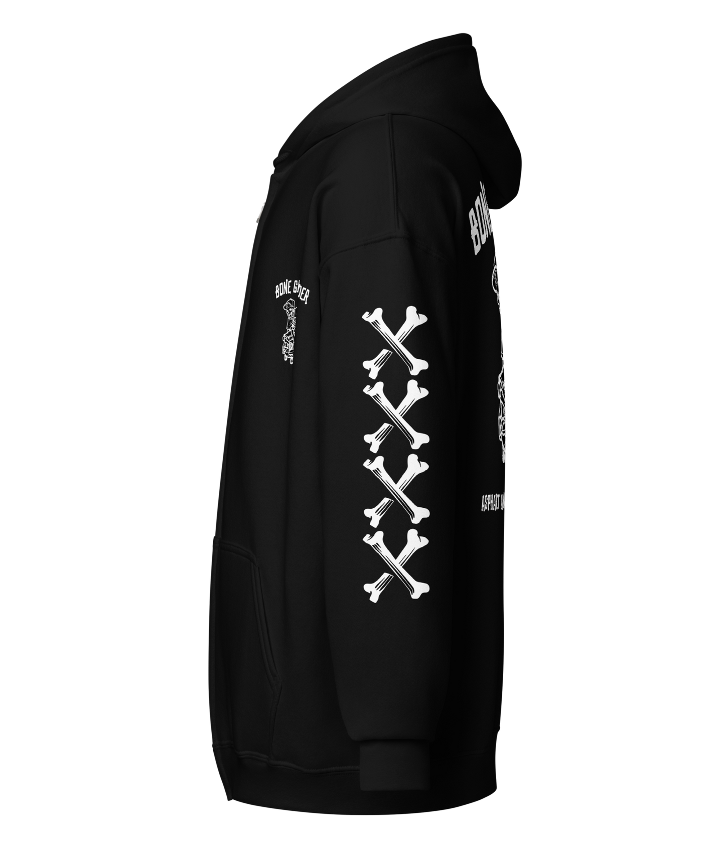 
                  
                    Left side view of Bone Grinder Heavy Zipper Hoodie in black by Asphalt Anarchist Clothing Co., featuring full-back skeleton skater nose grab graphic, bone-font XXXX sleeve detail, and front chest pocket print. AI-generated image.
                  
                